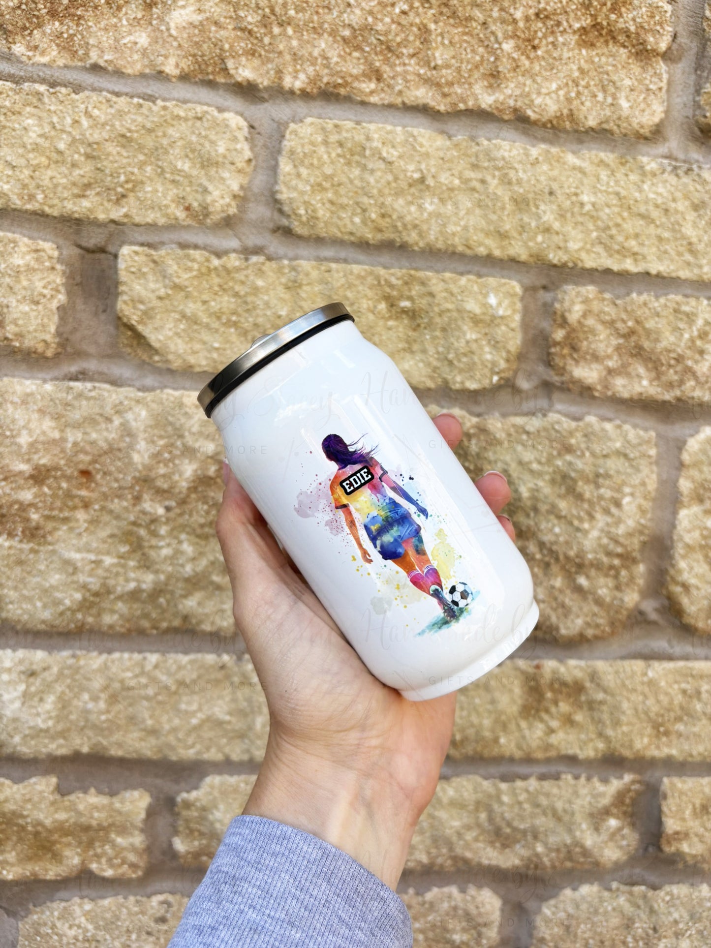 Personalised Woman's Football Player Stainless Steel Can with Straw - Two Sizes