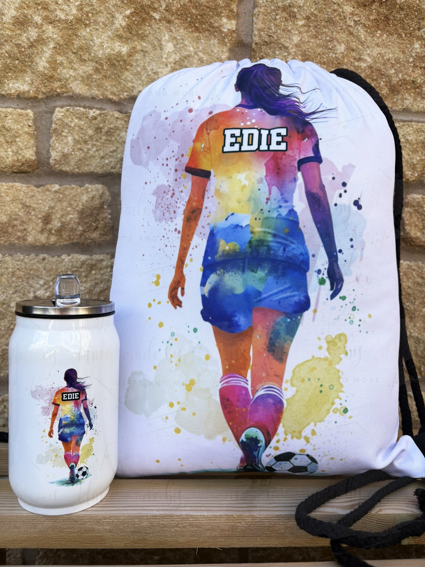 Personalised Watercolour Girls Football Drawstring Bag