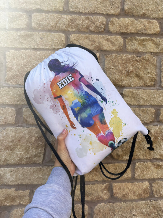 Personalised Watercolour Girls Football Drawstring Bag