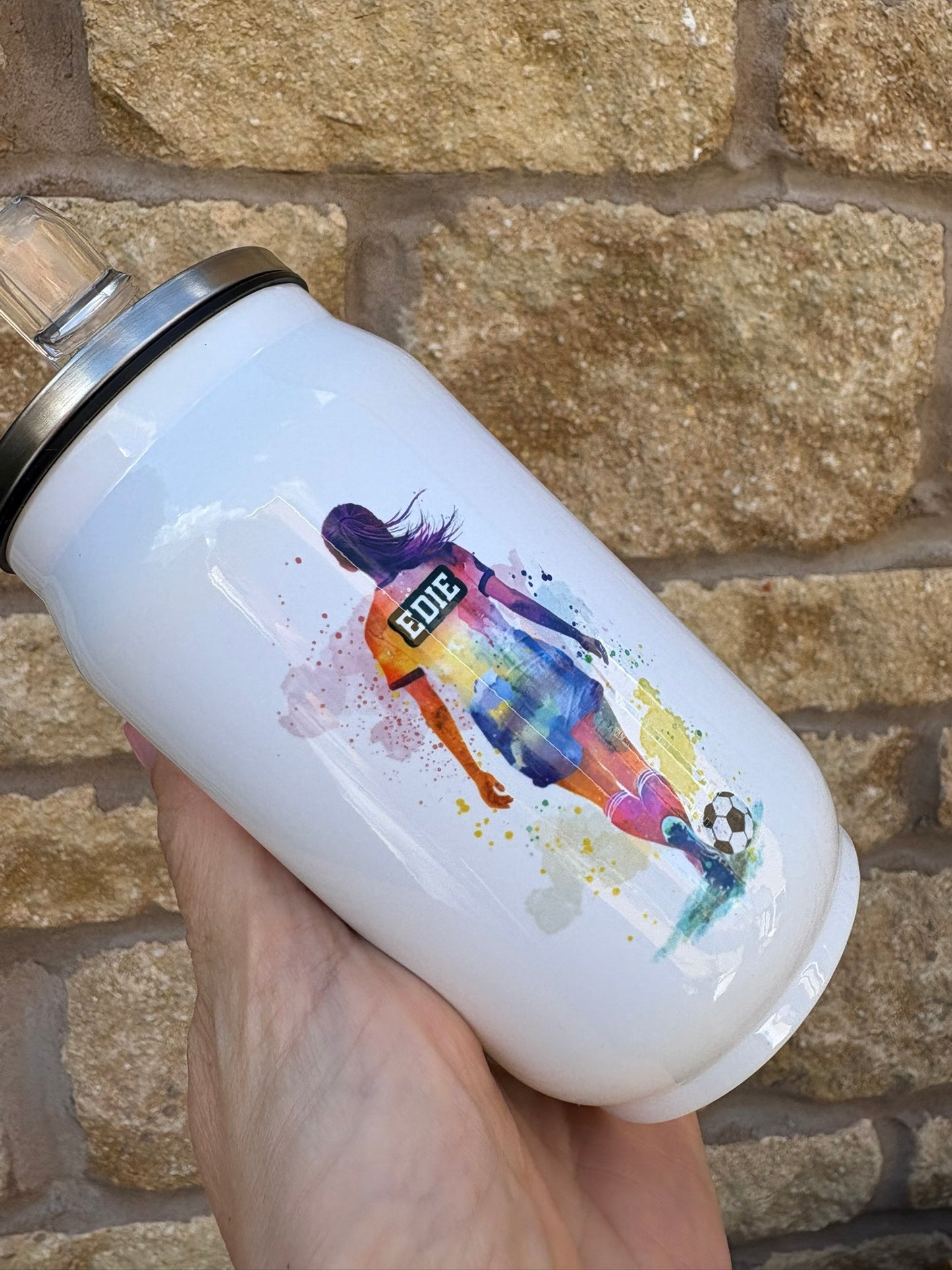 Personalised Woman's Football Player Stainless Steel Can with Straw - Two Sizes