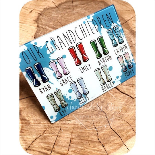 Personalised Chopping Board|Kitchen Gift Idea|Rainy Puddle Grandchildren Wellies Cutting Board|Gift Idea for Grandparents|Editable Text