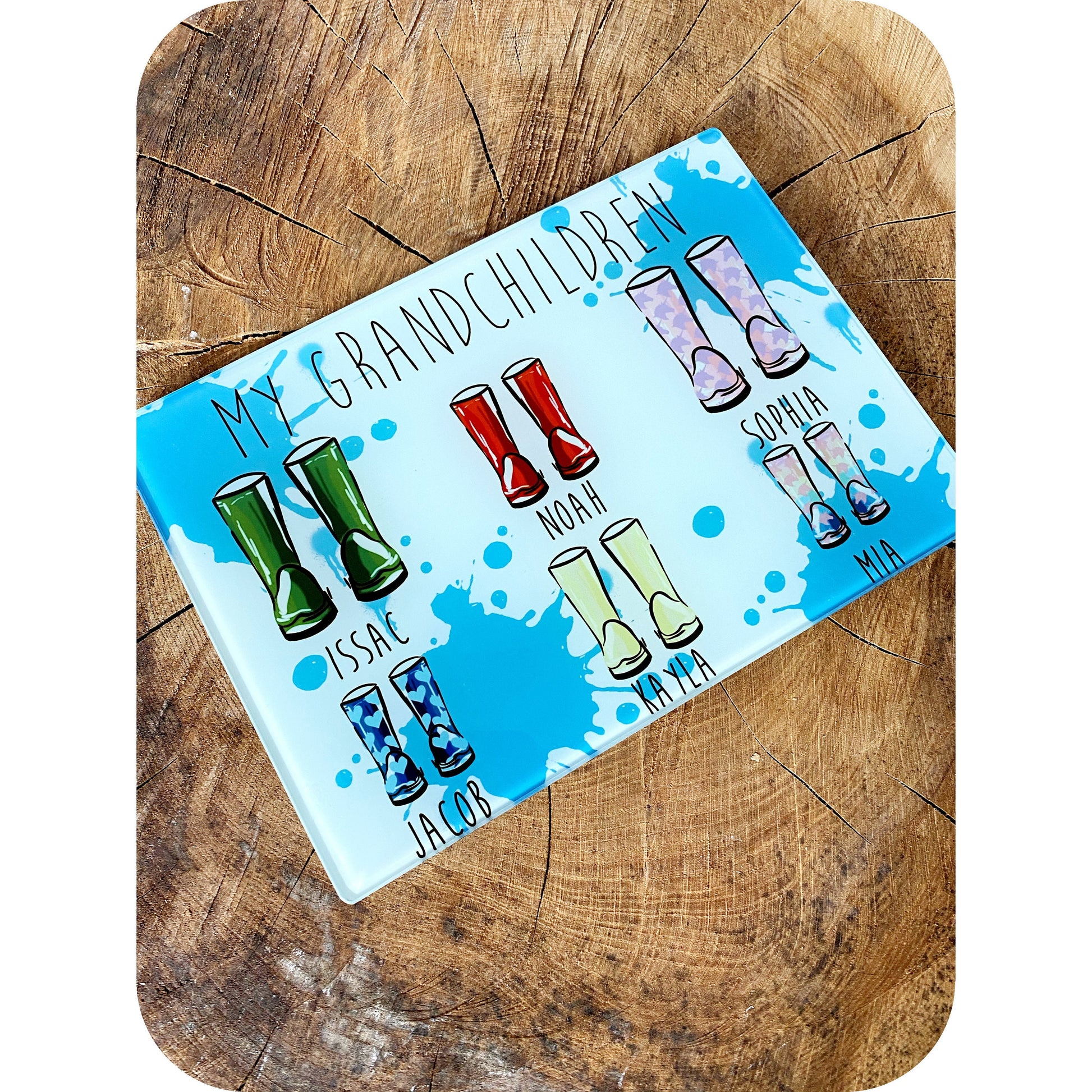 Personalised Chopping Board|Kitchen Gift Idea|Rainy Puddle Grandchildren Wellies Cutting Board|Gift Idea for Grandparents|Editable Text