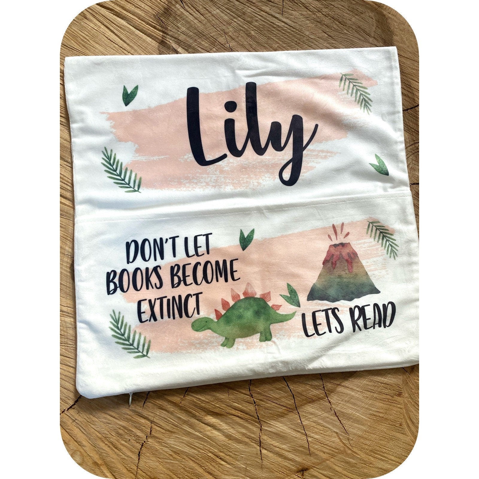 Dinosaur Personalised Book Cushion/Pocket Cushion/Gift Idea for Children/Birthday Gift for Son/Daughter/Reading Keepsake Bedroom Decor