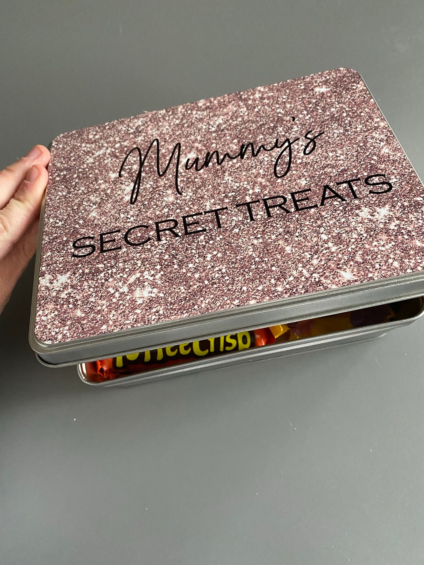 Personalised Novelty Metal Tin|Rose Glitter Design|Birthday Christmas Gift|Editable Text|Sweet Biscuit Self Care Box|Treat for Friend