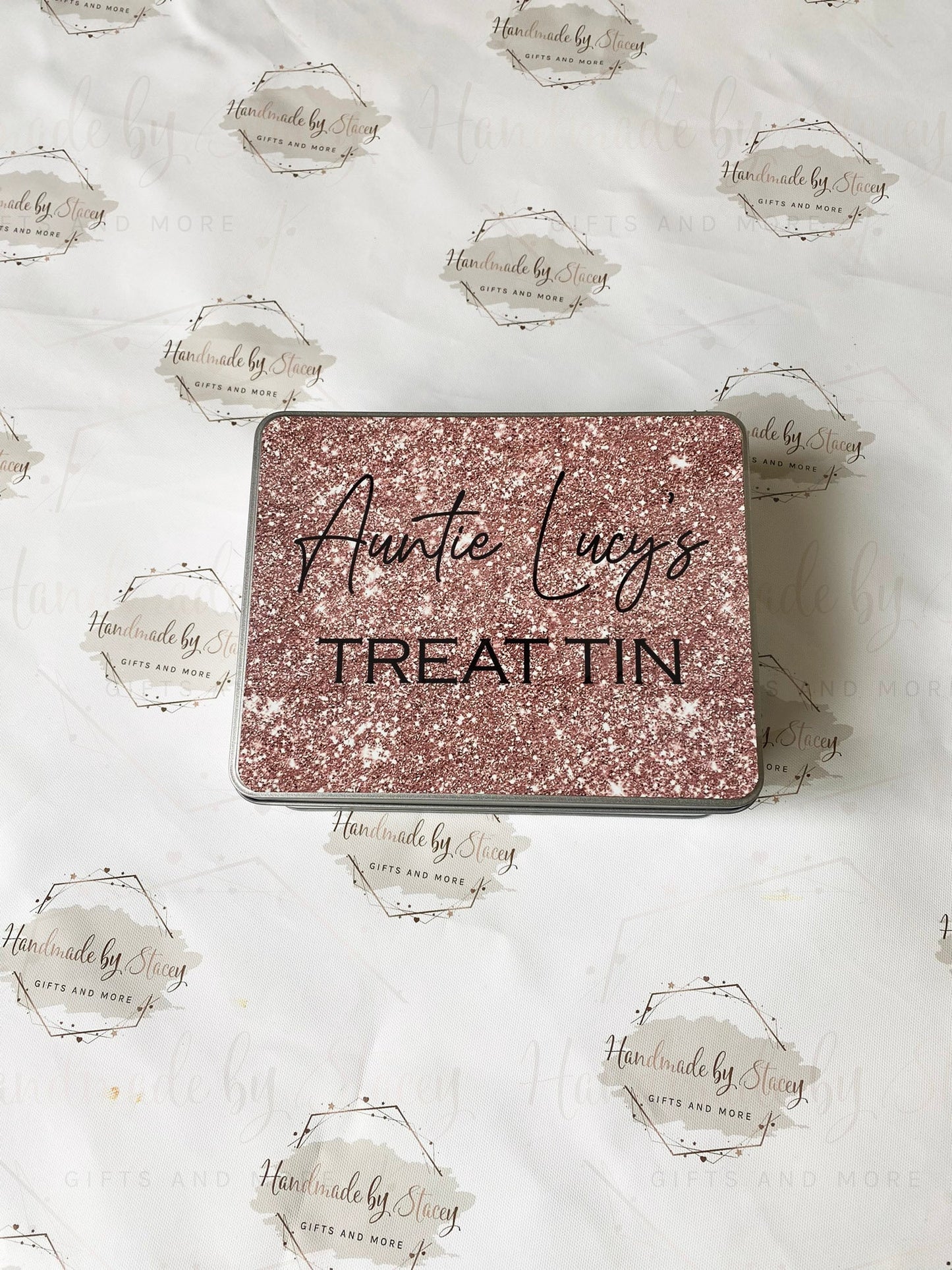 Personalised Novelty Metal Tin|Rose Glitter Design|Birthday Christmas Gift|Editable Text|Sweet Biscuit Self Care Box|Treat for Friend