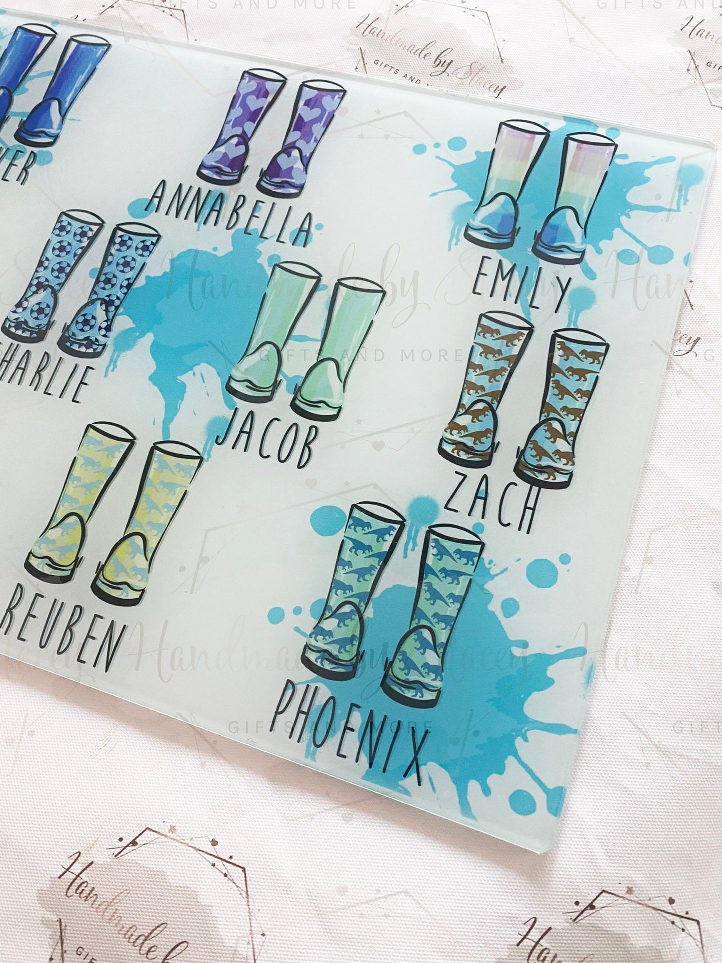 Personalised Chopping Board|Kitchen Gift Idea|Rainy Puddle Grandchildren Wellies Cutting Board|Gift Idea for Grandparents|Editable Text