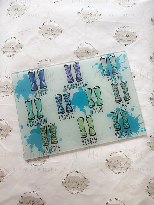 Personalised Chopping Board|Kitchen Gift Idea|Rainy Puddle Grandchildren Wellies Cutting Board|Gift Idea for Grandparents|Editable Text