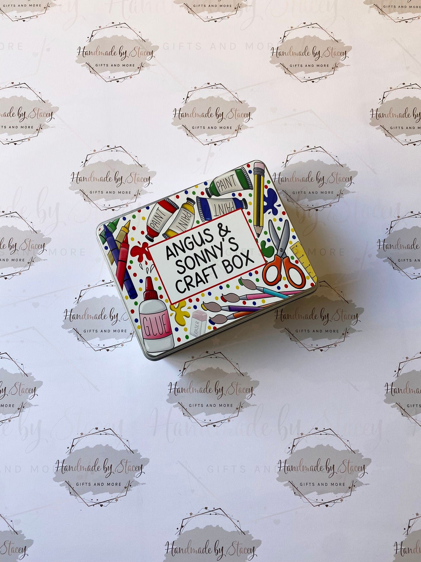 Personalised Novelty Metal Tin|Crafting Tin|Paint Pots Glue Scissors Crayons|Birthday Christmas Gift Idea Toddler Child Treat Box