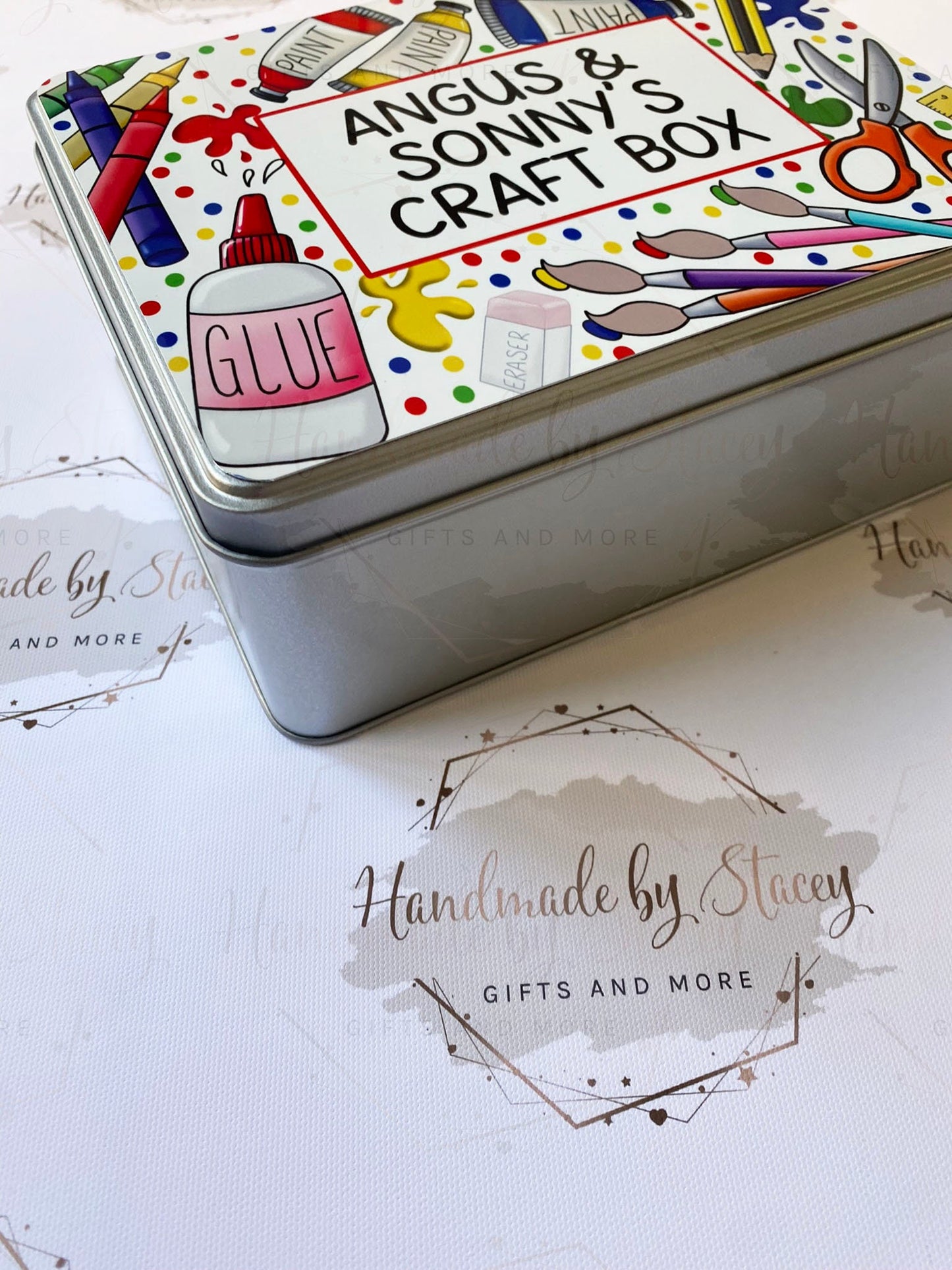 Personalised Novelty Metal Tin|Crafting Tin|Paint Pots Glue Scissors Crayons|Birthday Christmas Gift Idea Toddler Child Treat Box