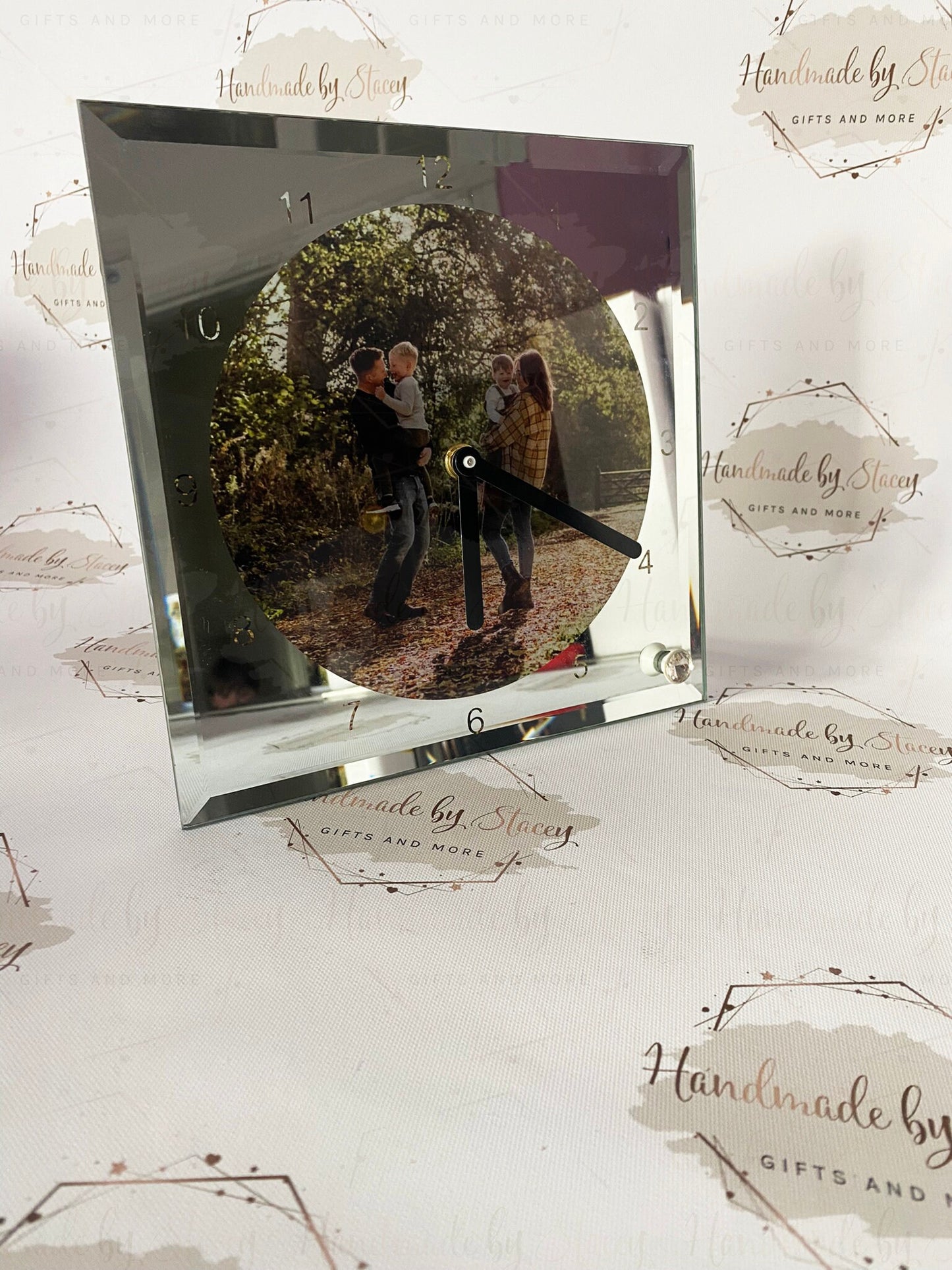 Personalised Glass Clock|Family Photo Working Mechanical Clock with Stand|Beautiful Gift Idea for Mother's Day|Father's Day|Home Decor