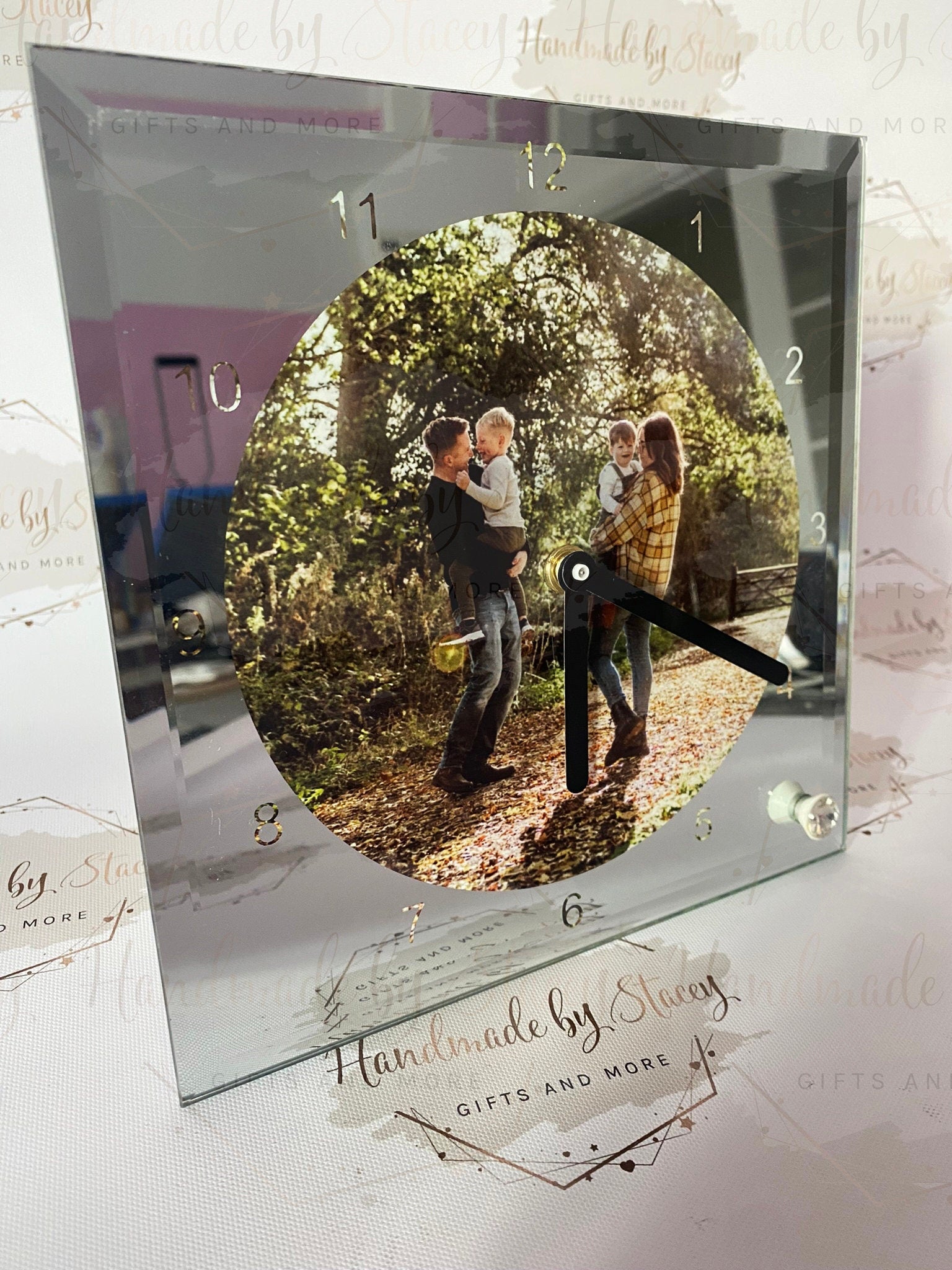 Personalised Glass Clock|Family Photo Working Mechanical Clock with Stand|Beautiful Gift Idea for Mother's Day|Father's Day|Home Decor