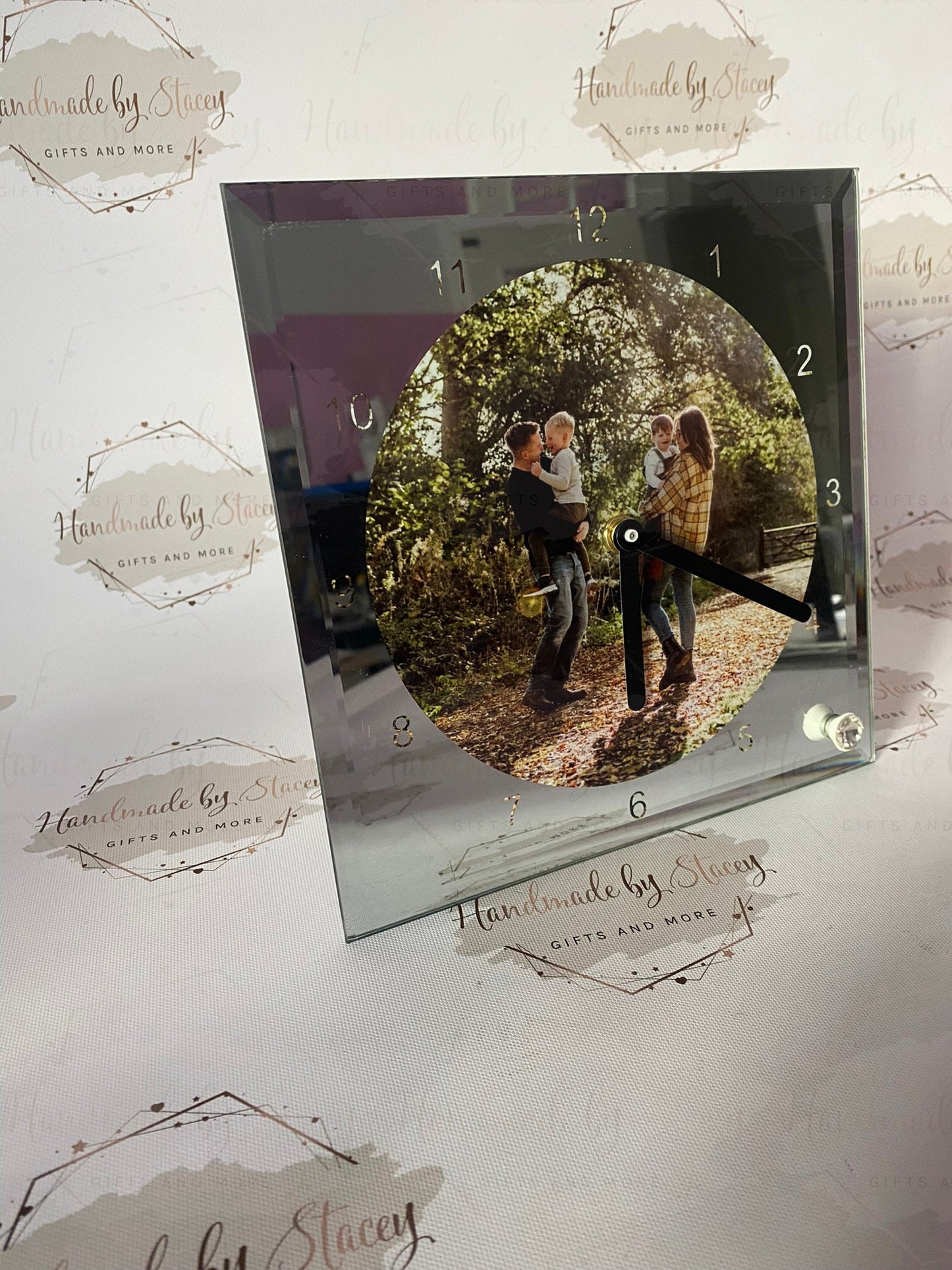 Personalised Glass Clock|Family Photo Working Mechanical Clock with Stand|Beautiful Gift Idea for Mother's Day|Father's Day|Home Decor