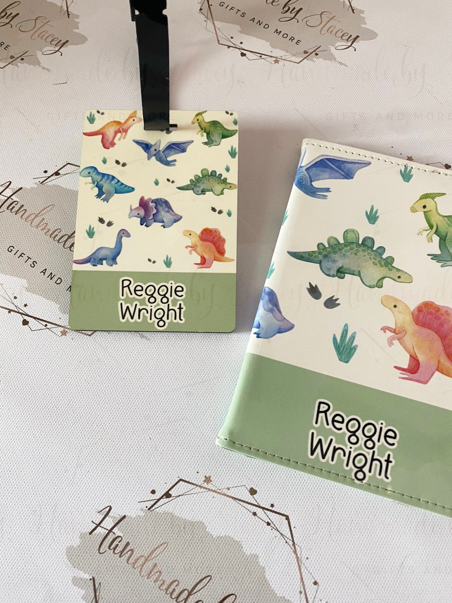 Personalised Childrens Passport Holder|Dinosaur Design PU Leather|Custom Text|MDF Luggage Tag|School Name Tag|Gift for Child|Travelling