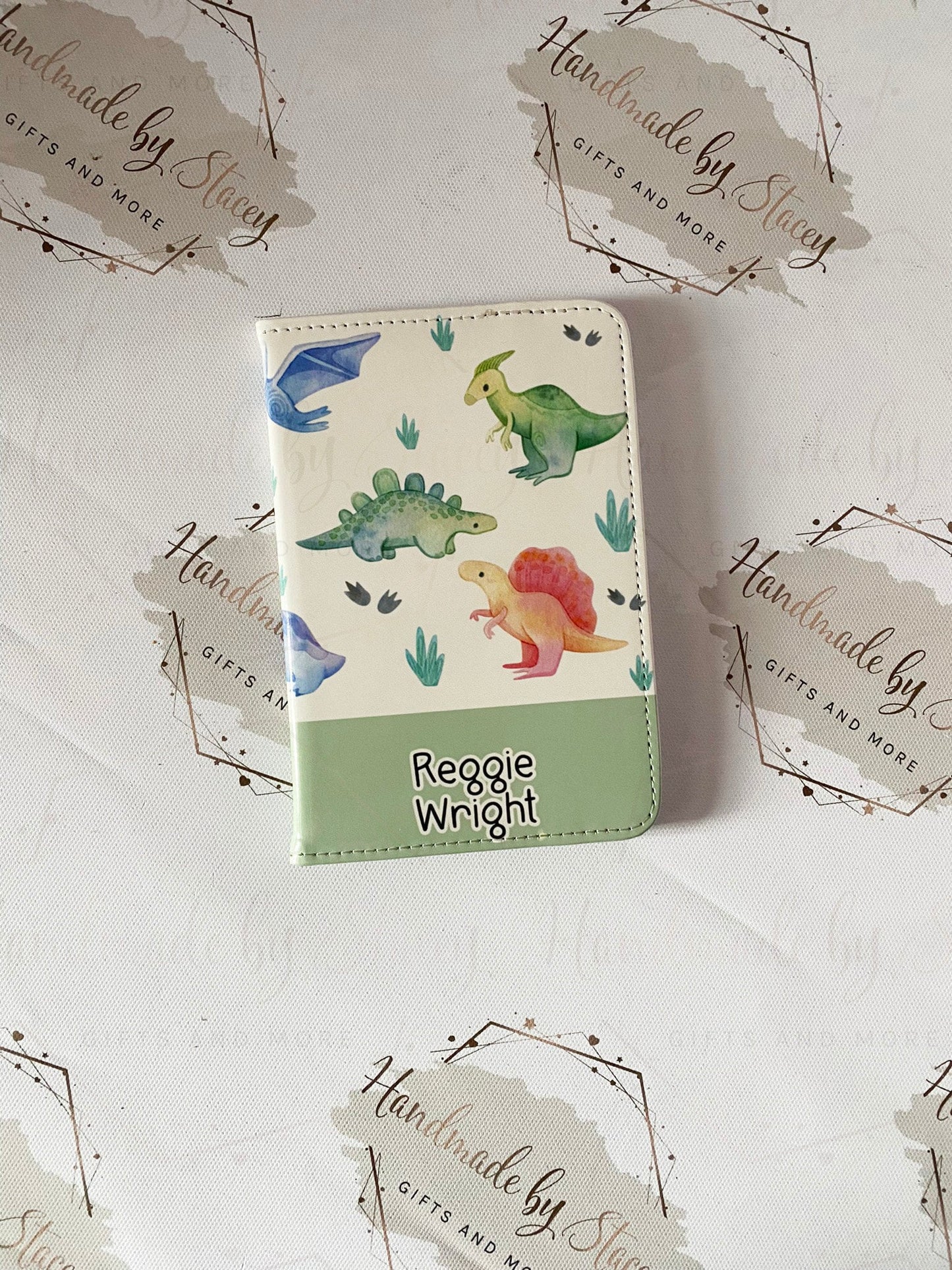 Personalised Childrens Passport Holder|Dinosaur Design PU Leather|Custom Text|MDF Luggage Tag|School Name Tag|Gift for Child|Travelling