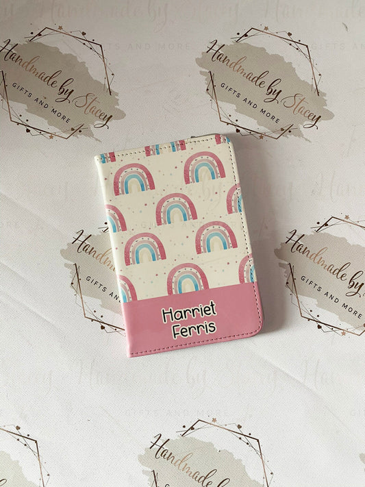 Personalised Childrens Passport Holder|Pink Rainbow Design PU Leather|Custom Text|MDF Luggage Tag|School Name Tag|Gift for Child|Travelling