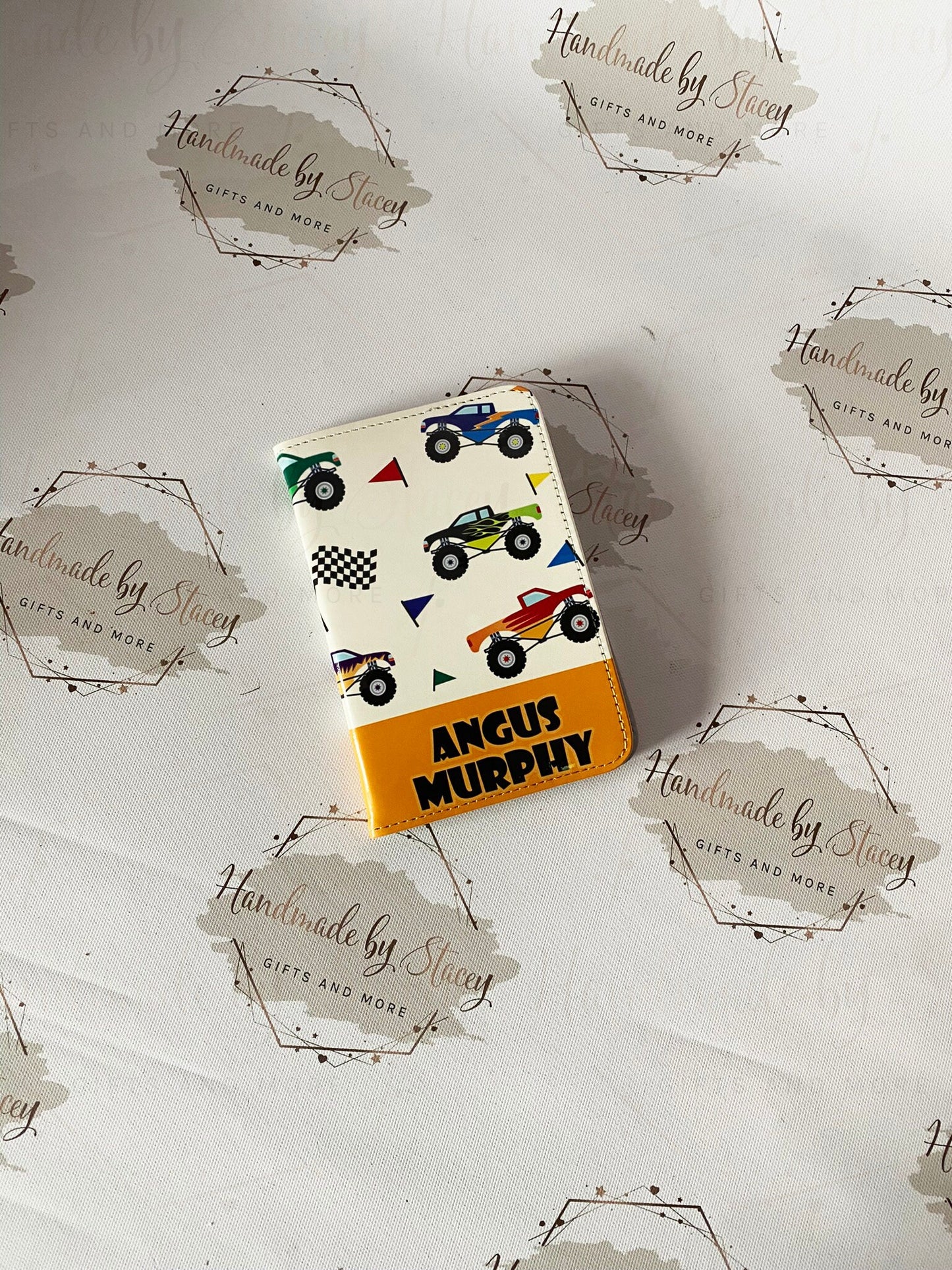 Personalised Childrens Passport Holder|Monster Truck Design PU Leather|Custom Text|MDF Luggage Tag|School Name Tag|Gift for Child|Travelling