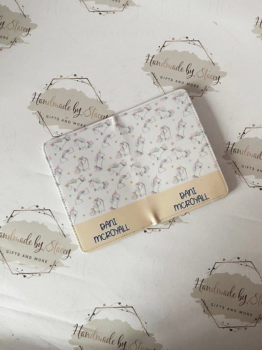 Personalised Childrens Passport Holder|Unicorn Design PU Leather|Custom Text|MDF Luggage Tag|School Name Tag|Gift for Child|Travelling