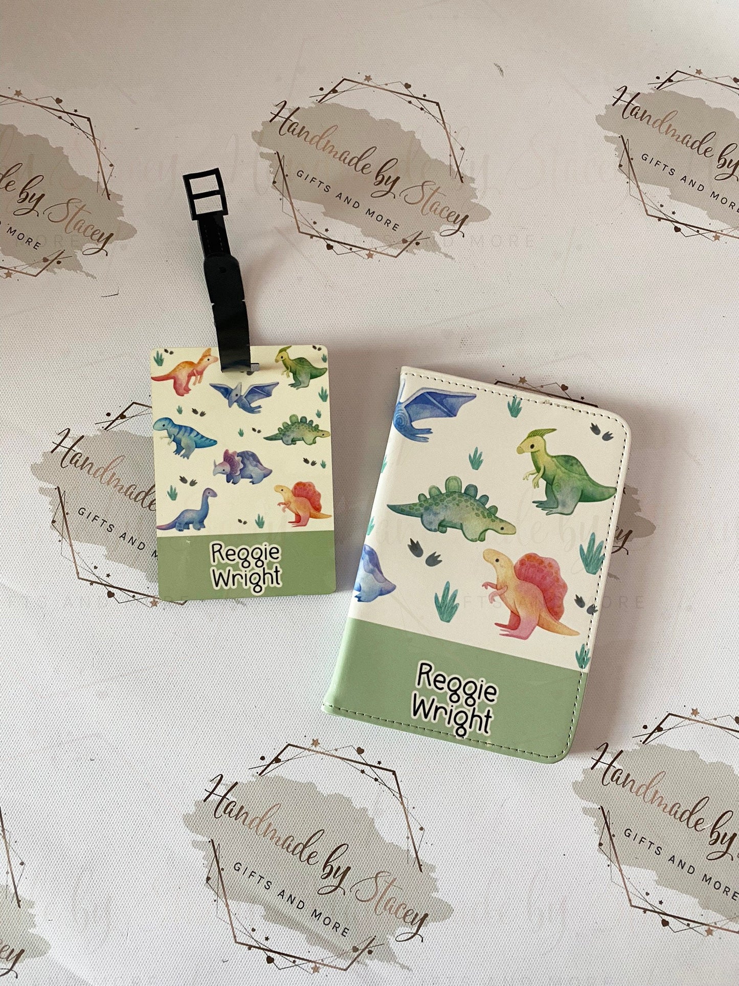 Personalised Childrens Passport Holder|Dinosaur Design PU Leather|Custom Text|MDF Luggage Tag|School Name Tag|Gift for Child|Travelling