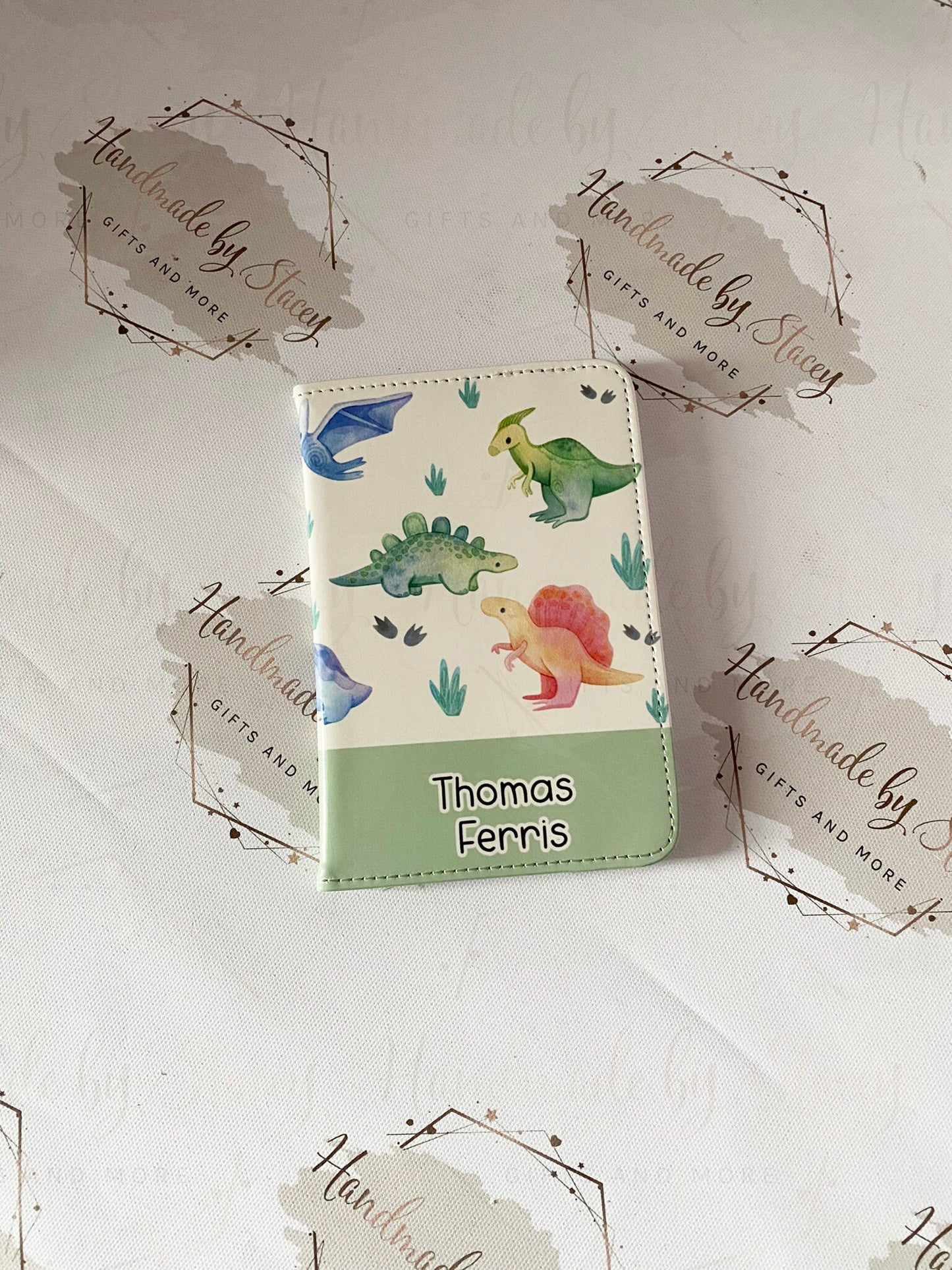 Personalised Childrens Passport Holder|Dinosaur Design PU Leather|Custom Text|MDF Luggage Tag|School Name Tag|Gift for Child|Travelling