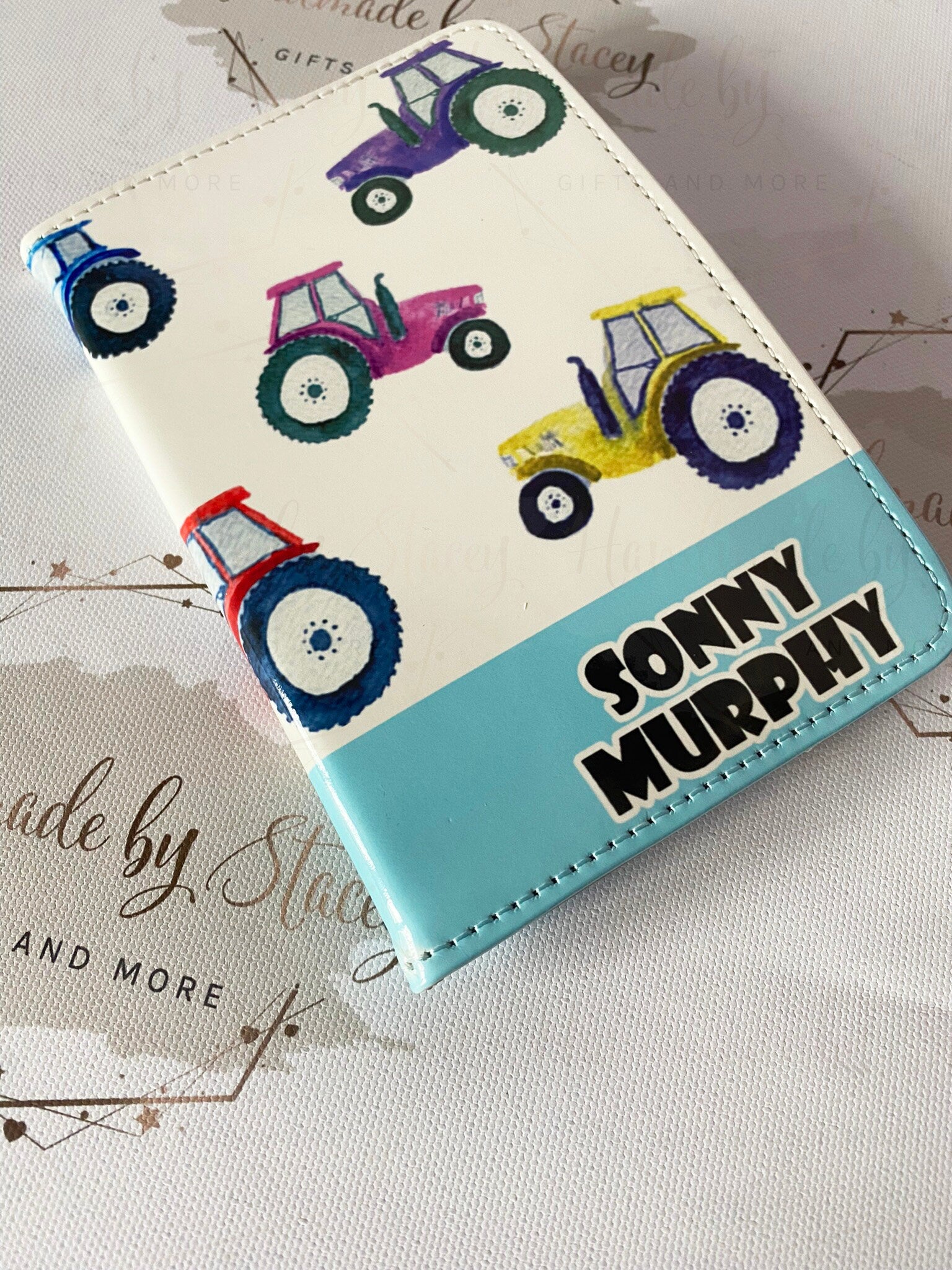 Personalised Childrens Passport Holder|Tractor Design PU Leather|Custom Text|MDF Luggage Tag|School Name Tag|Gift for Child|Travelling