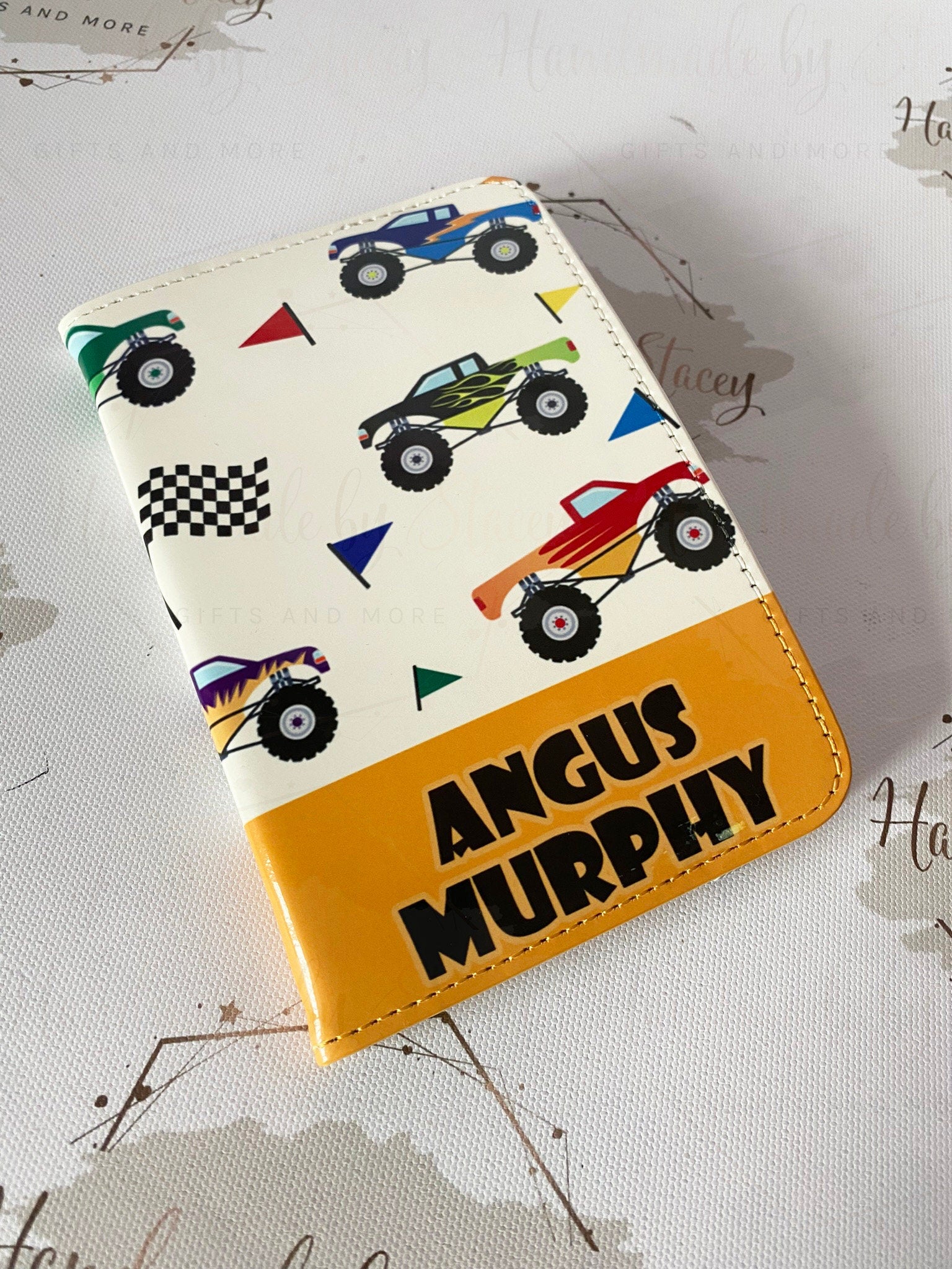 Personalised Childrens Passport Holder|Monster Truck Design PU Leather|Custom Text|MDF Luggage Tag|School Name Tag|Gift for Child|Travelling