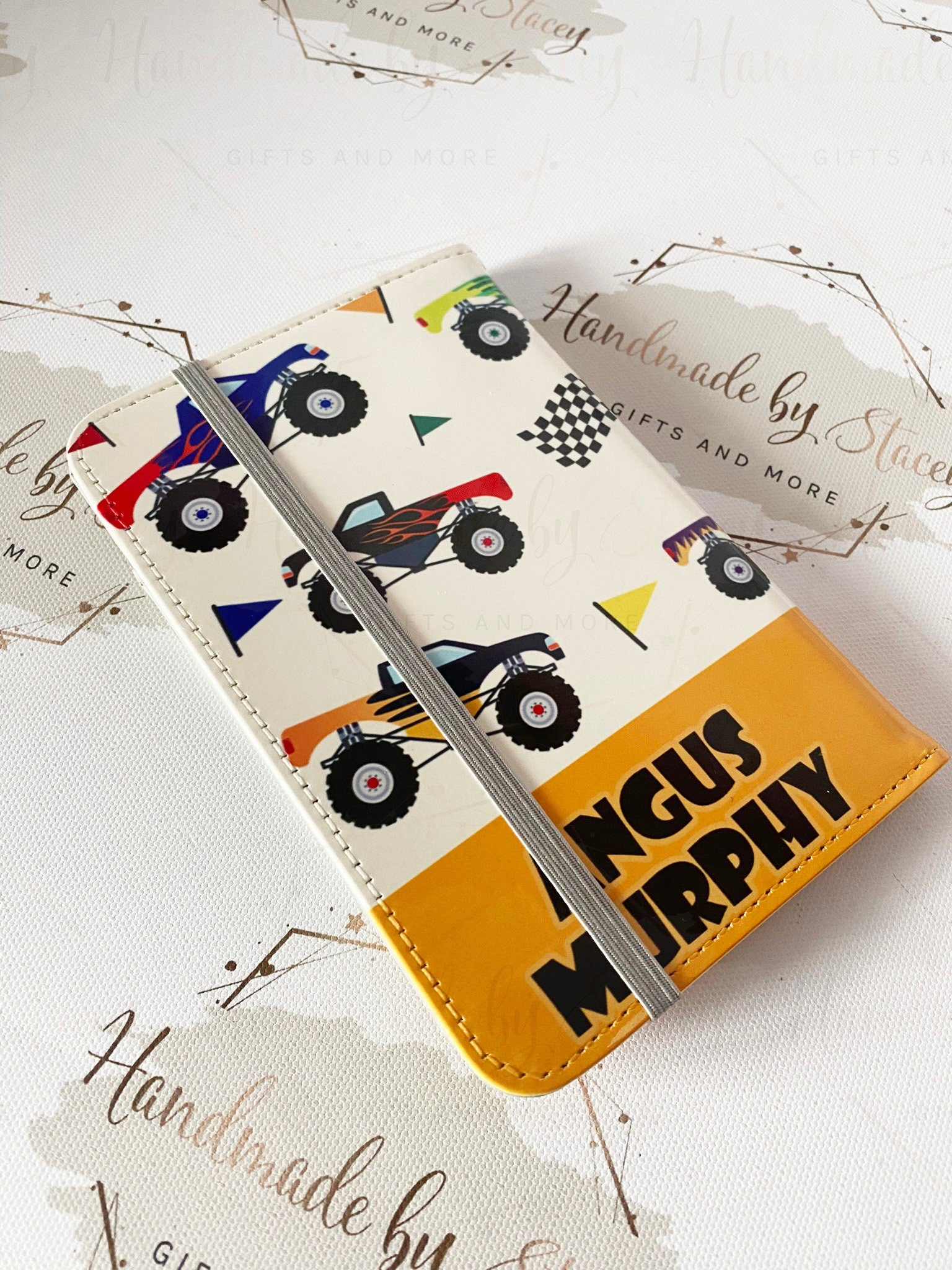 Personalised Childrens Passport Holder|Monster Truck Design PU Leather|Custom Text|MDF Luggage Tag|School Name Tag|Gift for Child|Travelling
