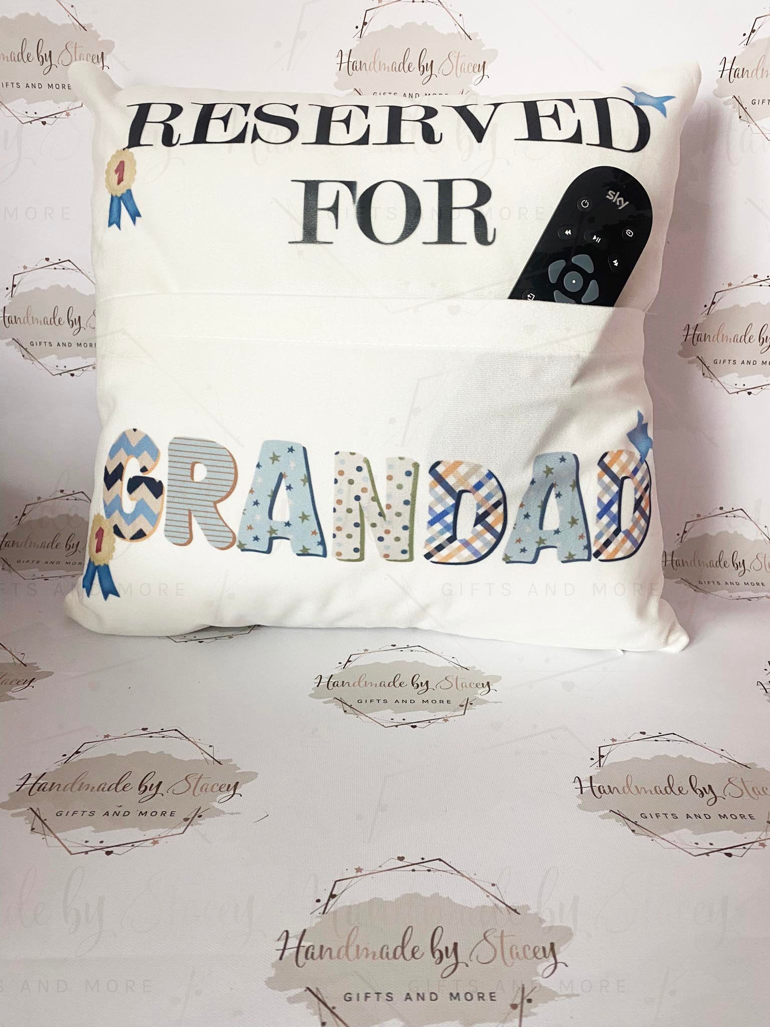 Personalised Cushion|Reserved for Pocket Cushion|Remote Control/Glasses/Phone Holder for Him|Home Gift Idea for Dad/Grandad/Brother/Uncle