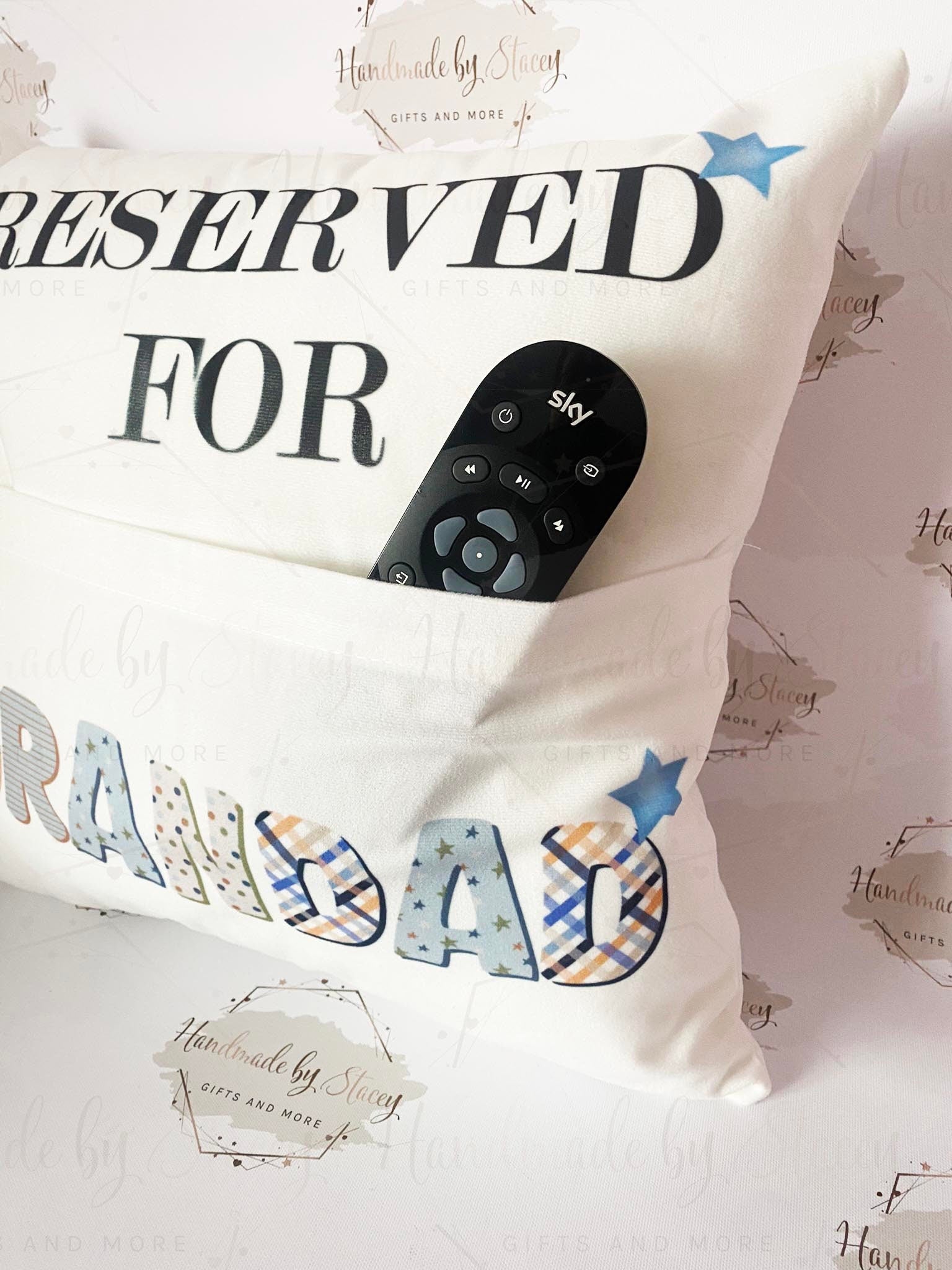 Personalised Cushion|Reserved for Pocket Cushion|Remote Control/Glasses/Phone Holder for Him|Home Gift Idea for Dad/Grandad/Brother/Uncle