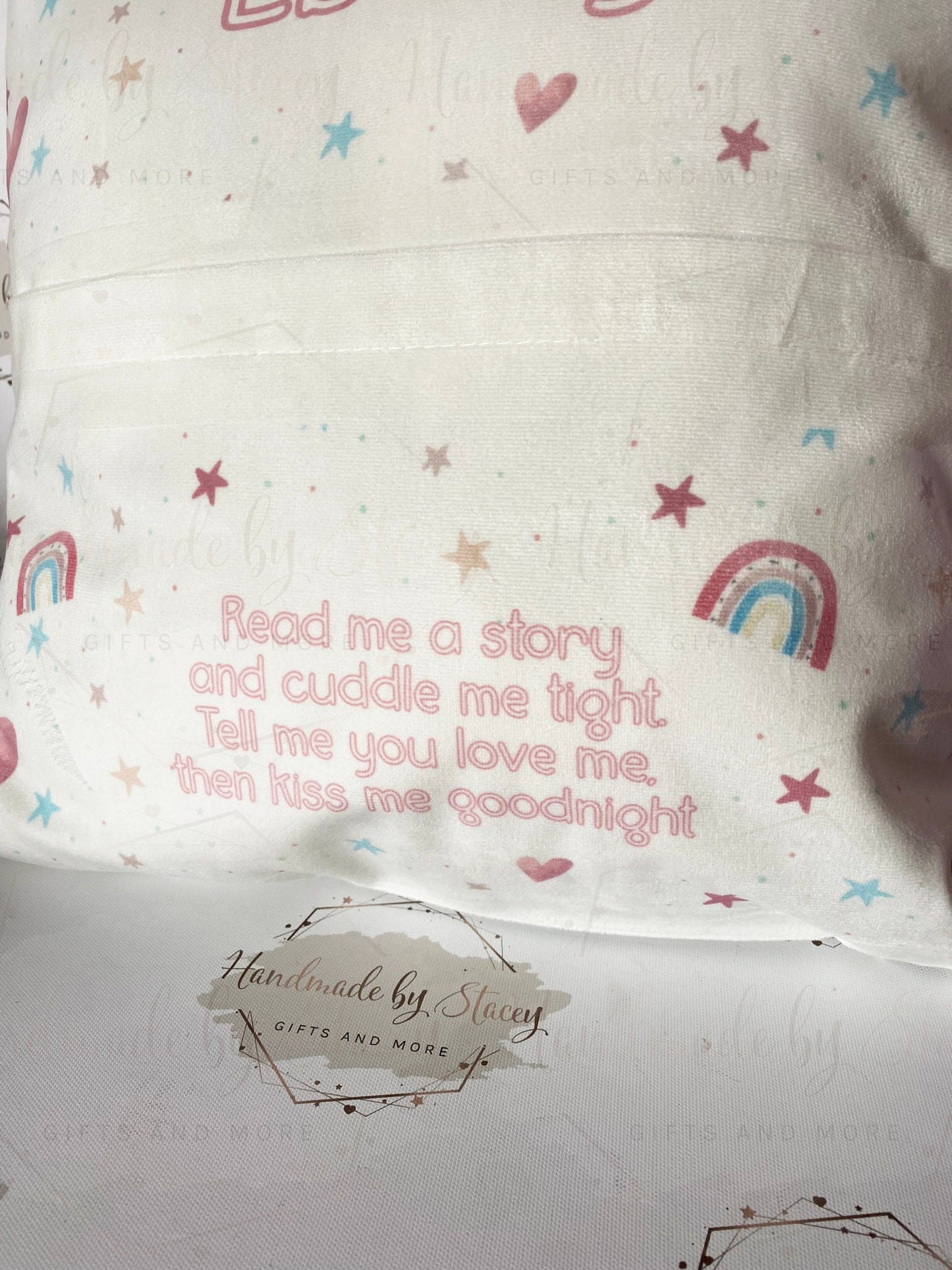 Personalised Book Cushion/Rainbow Hearts Pocket Cushion/Super Soft Custom Text Gift Idea for Daughter/Niece/Grandchild/Bedroom Decor