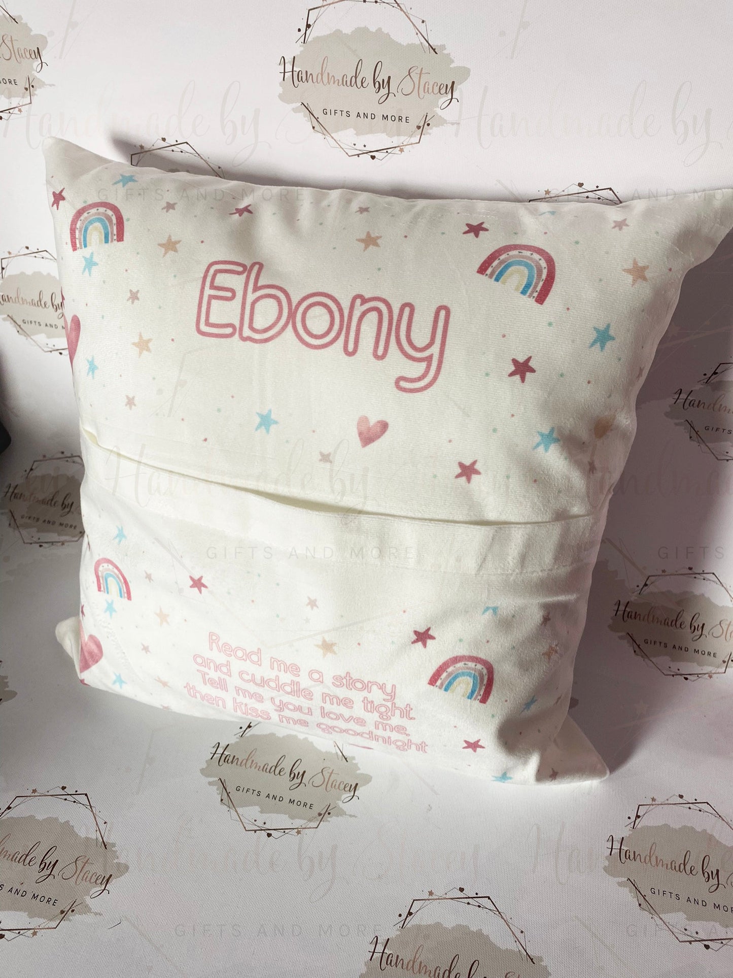 Personalised Book Cushion/Rainbow Hearts Pocket Cushion/Super Soft Custom Text Gift Idea for Daughter/Niece/Grandchild/Bedroom Decor