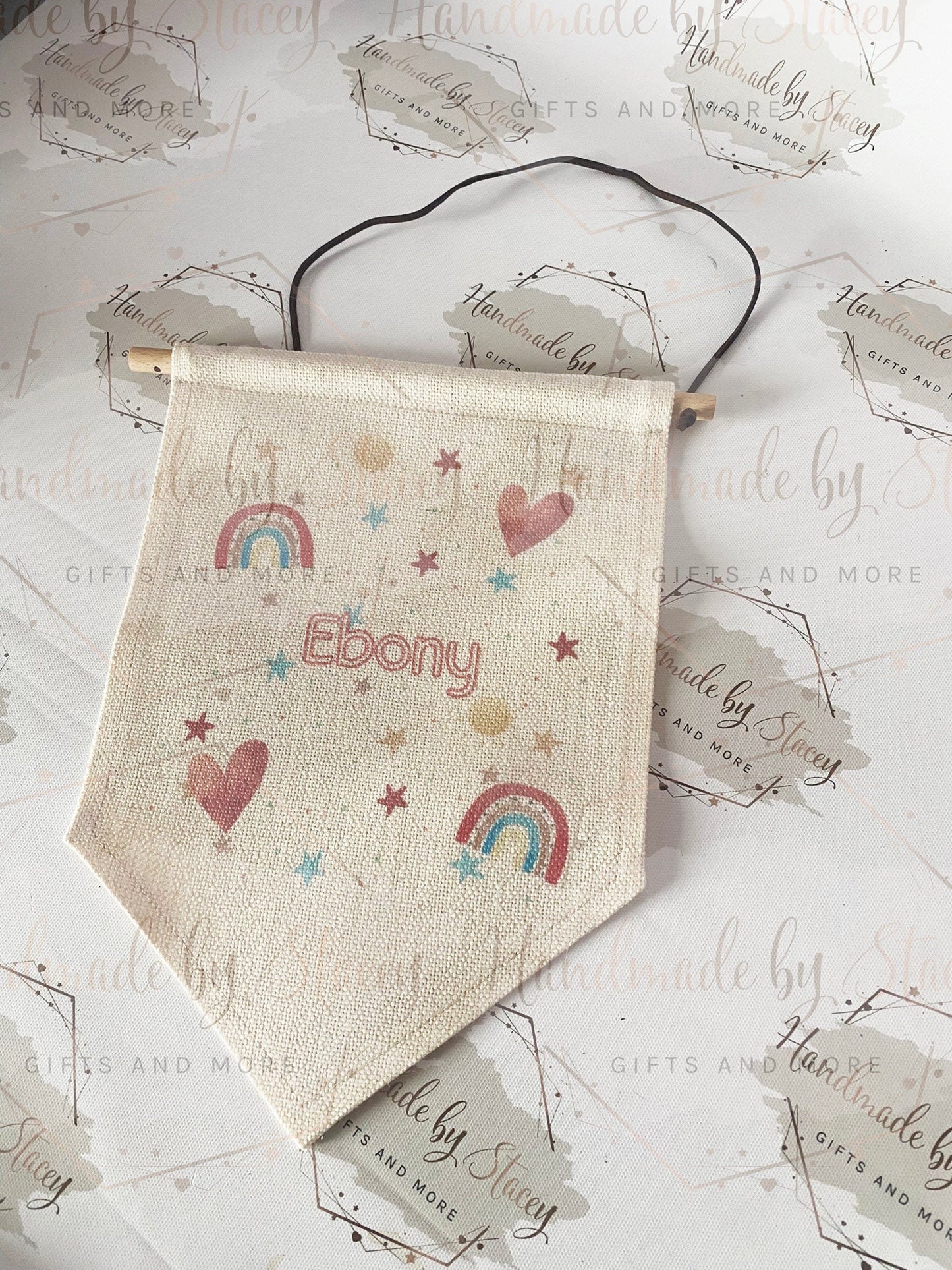 Personalised Linen Flag|Pink Rainbow Design|Editable Text|Nursery Bedroom Decor for Daughter|Niece|Grandchild|New Baby Gift|Baby Shower
