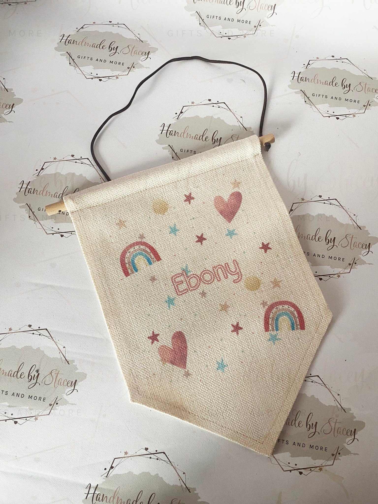 Personalised Linen Flag|Pink Rainbow Design|Editable Text|Nursery Bedroom Decor for Daughter|Niece|Grandchild|New Baby Gift|Baby Shower