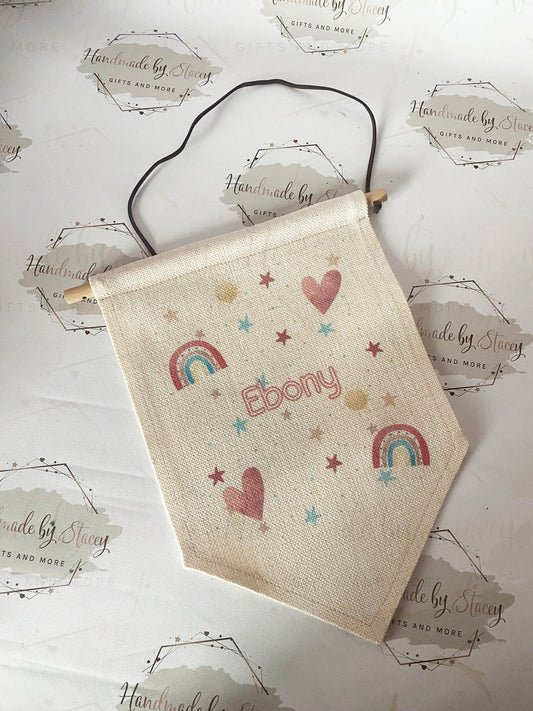 Personalised Linen Flag|Pink Rainbow Design|Editable Text|Nursery Bedroom Decor for Daughter|Niece|Grandchild|New Baby Gift|Baby Shower