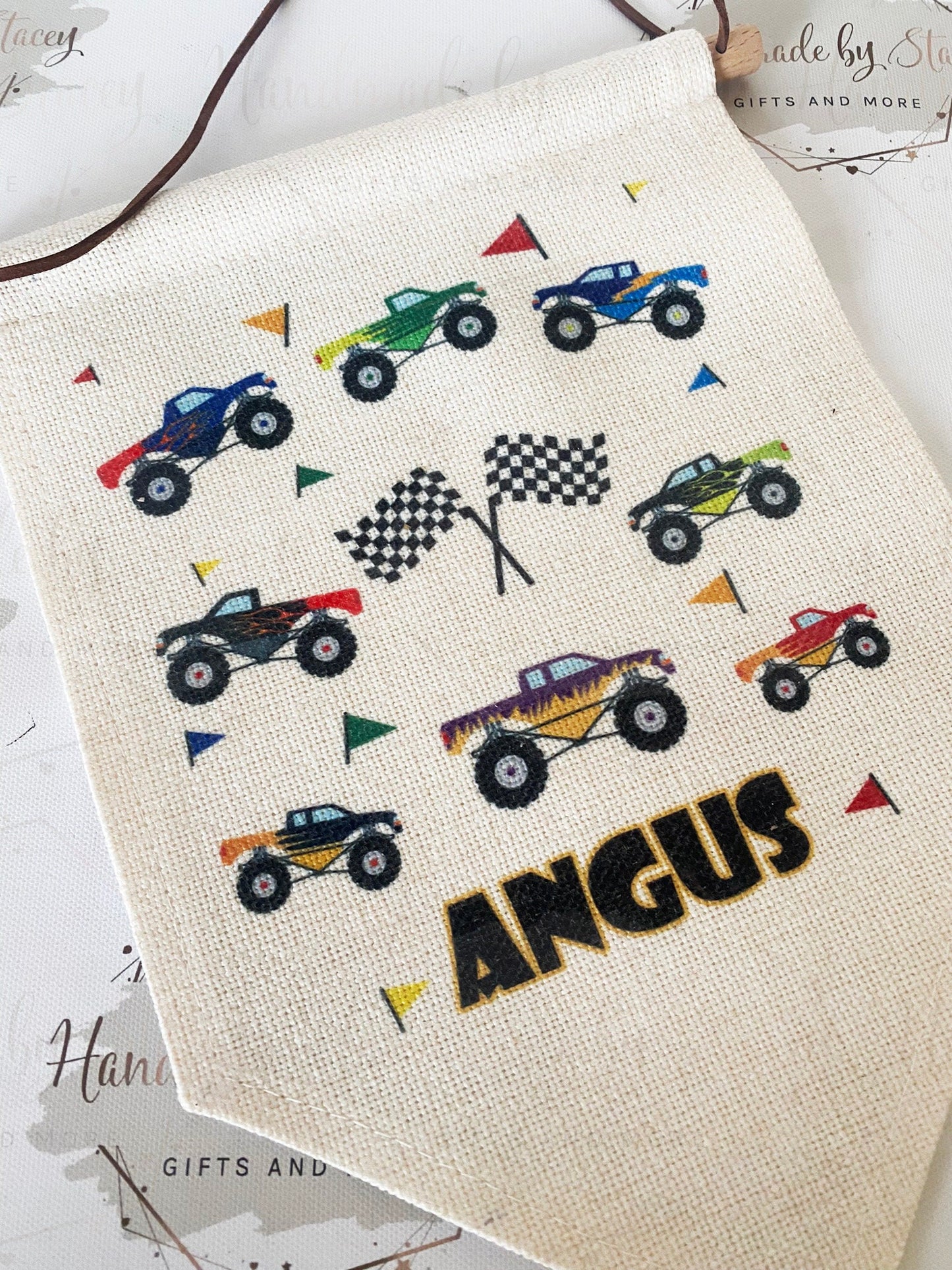 Personalised Linen Flag|Monster Truck Car Design|Editable Text|Nursery Bedroom Decor for Son|Nephew|Grandchild|New Baby Gift|Baby Shower