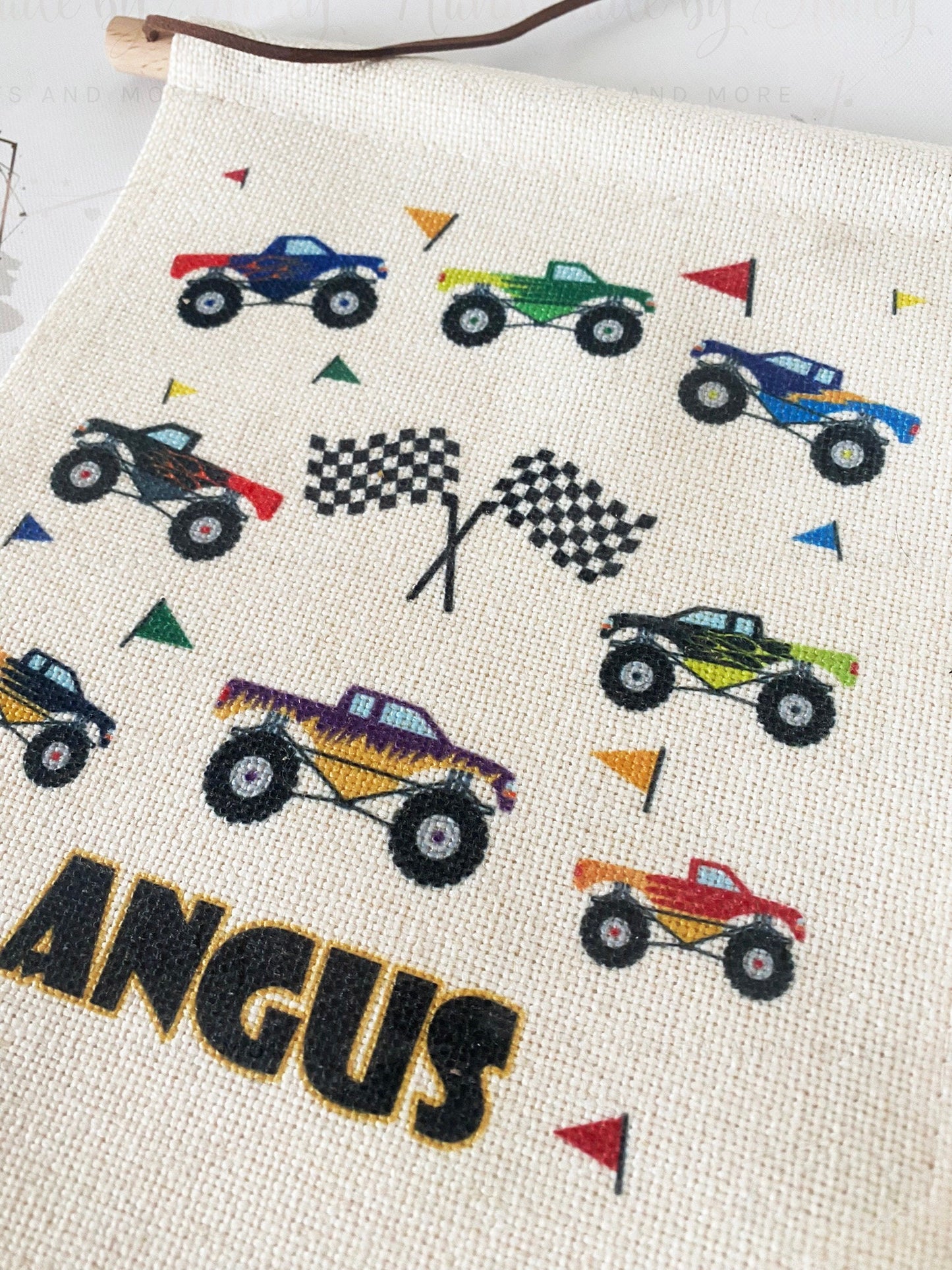 Personalised Linen Flag|Monster Truck Car Design|Editable Text|Nursery Bedroom Decor for Son|Nephew|Grandchild|New Baby Gift|Baby Shower