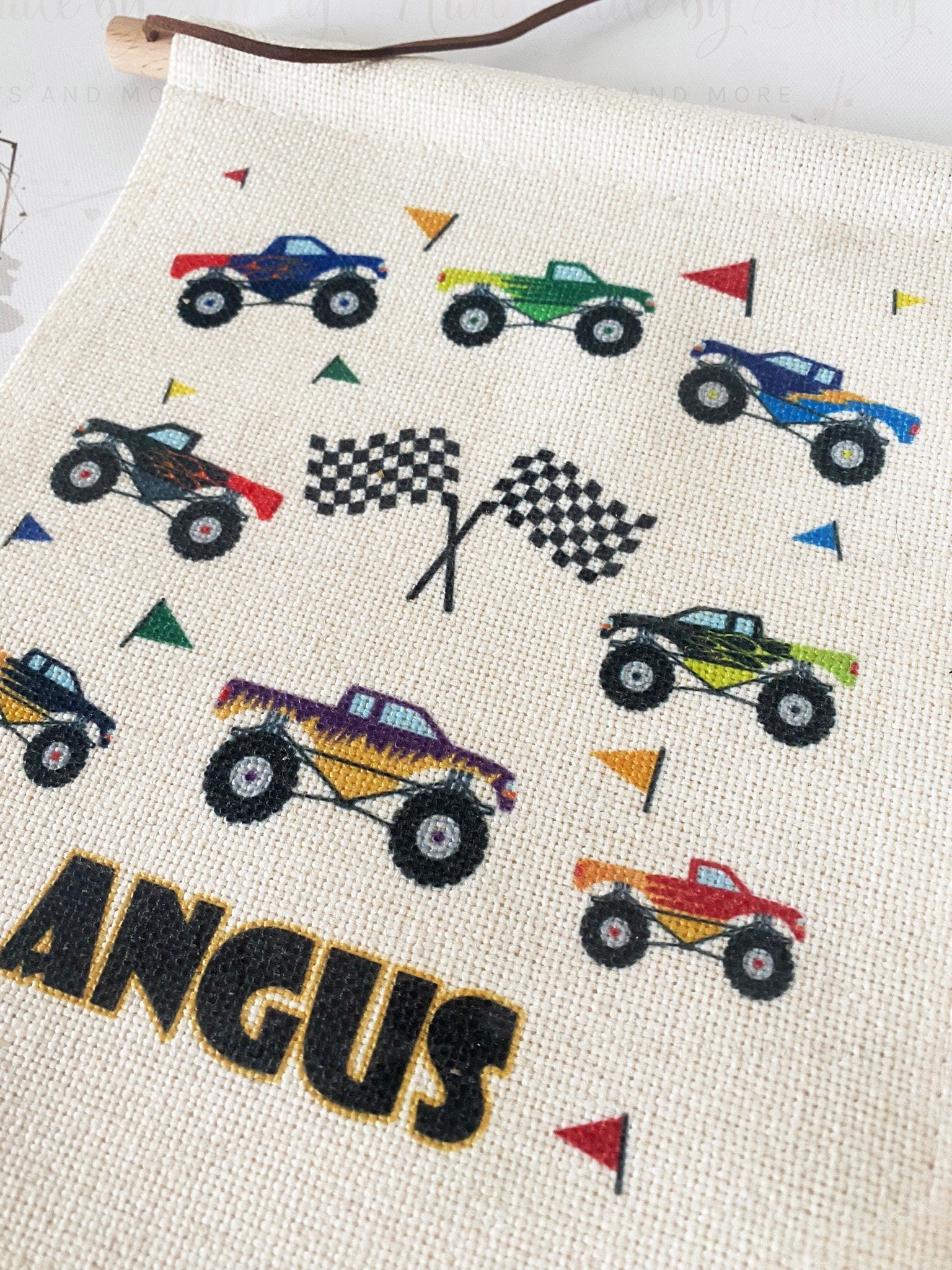 Personalised Linen Flag|Monster Truck Car Design|Editable Text|Nursery Bedroom Decor for Son|Nephew|Grandchild|New Baby Gift|Baby Shower