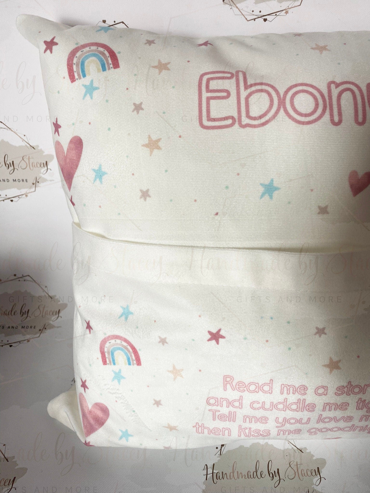 Personalised Book Cushion/Rainbow Hearts Pocket Cushion/Super Soft Custom Text Gift Idea for Daughter/Niece/Grandchild/Bedroom Decor