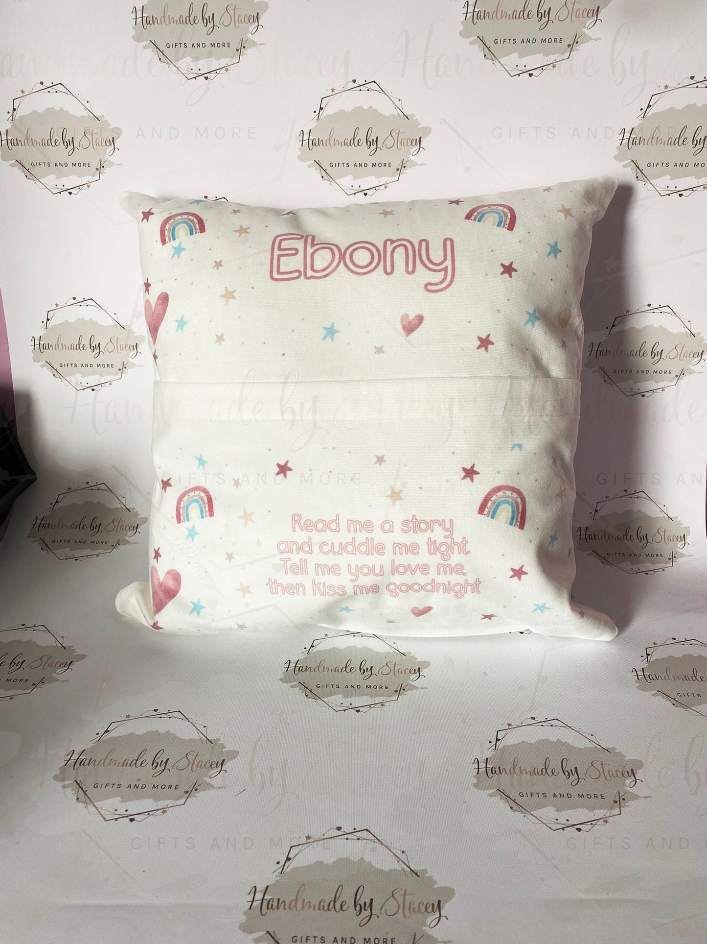 Personalised Book Cushion/Rainbow Hearts Pocket Cushion/Super Soft Custom Text Gift Idea for Daughter/Niece/Grandchild/Bedroom Decor