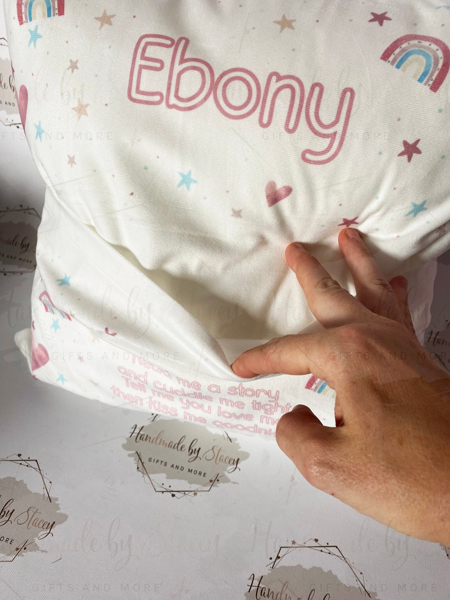Personalised Book Cushion/Rainbow Hearts Pocket Cushion/Super Soft Custom Text Gift Idea for Daughter/Niece/Grandchild/Bedroom Decor