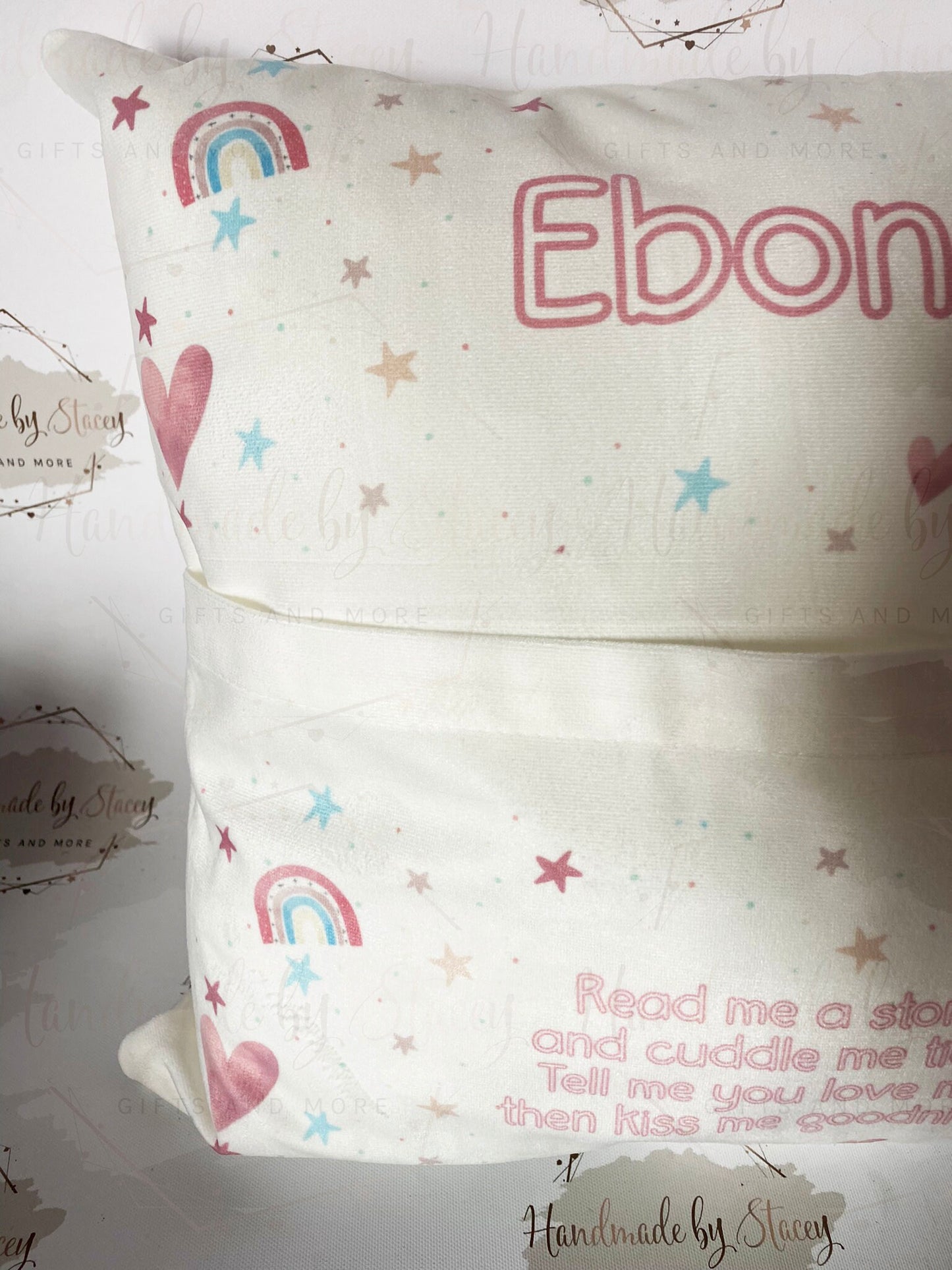 Personalised Book Cushion/Rainbow Hearts Pocket Cushion/Super Soft Custom Text Gift Idea for Daughter/Niece/Grandchild/Bedroom Decor
