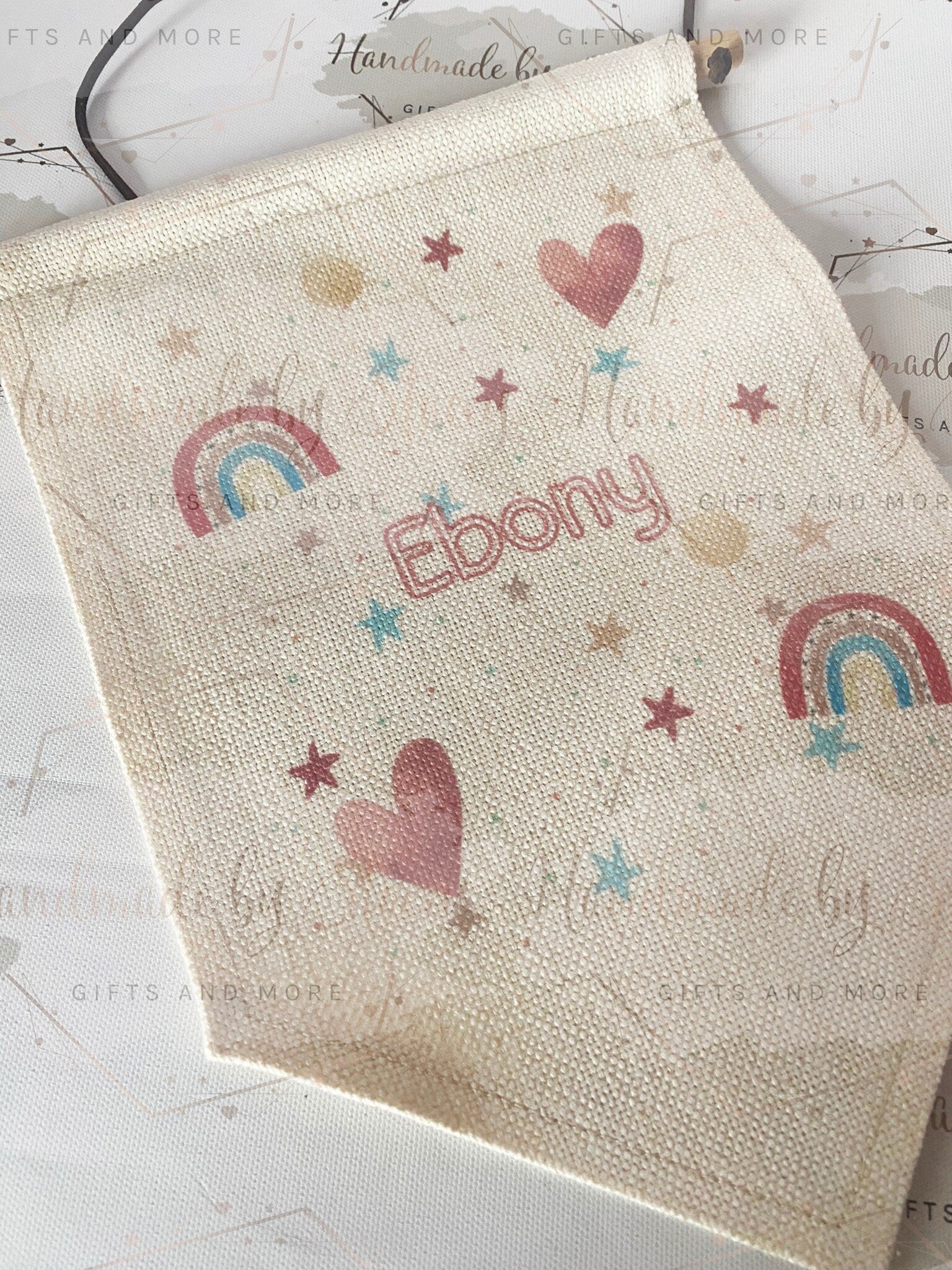 Personalised Linen Flag|Pink Rainbow Design|Editable Text|Nursery Bedroom Decor for Daughter|Niece|Grandchild|New Baby Gift|Baby Shower