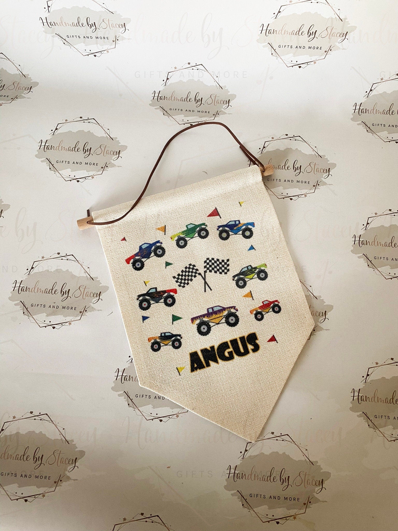 Personalised Linen Flag|Monster Truck Car Design|Editable Text|Nursery Bedroom Decor for Son|Nephew|Grandchild|New Baby Gift|Baby Shower