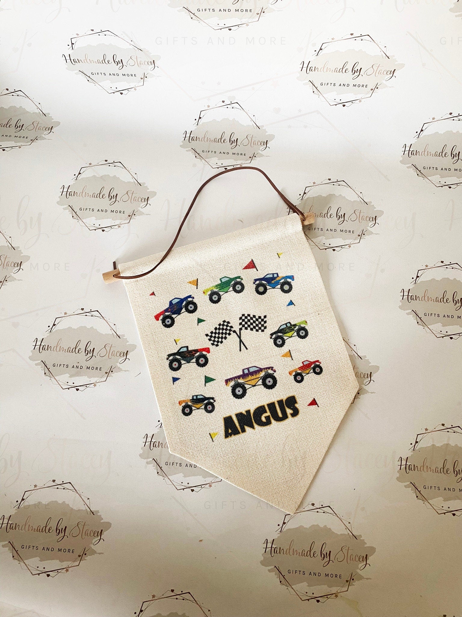 Personalised Linen Flag|Monster Truck Car Design|Editable Text|Nursery Bedroom Decor for Son|Nephew|Grandchild|New Baby Gift|Baby Shower