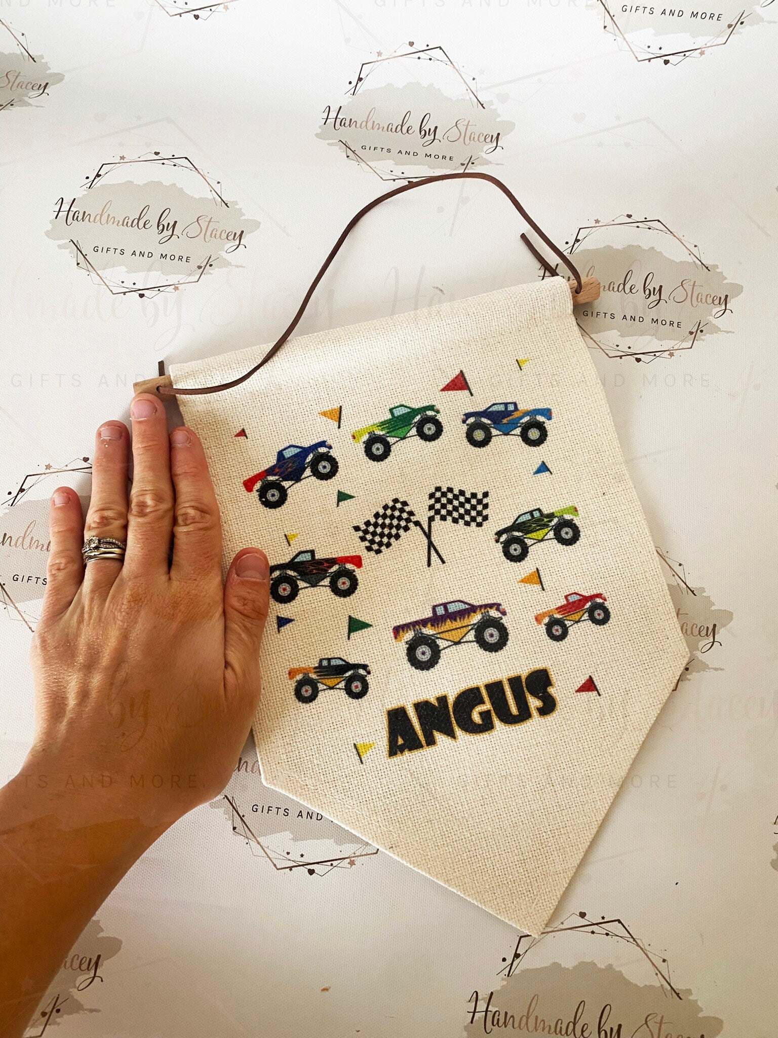 Personalised Linen Flag|Monster Truck Car Design|Editable Text|Nursery Bedroom Decor for Son|Nephew|Grandchild|New Baby Gift|Baby Shower