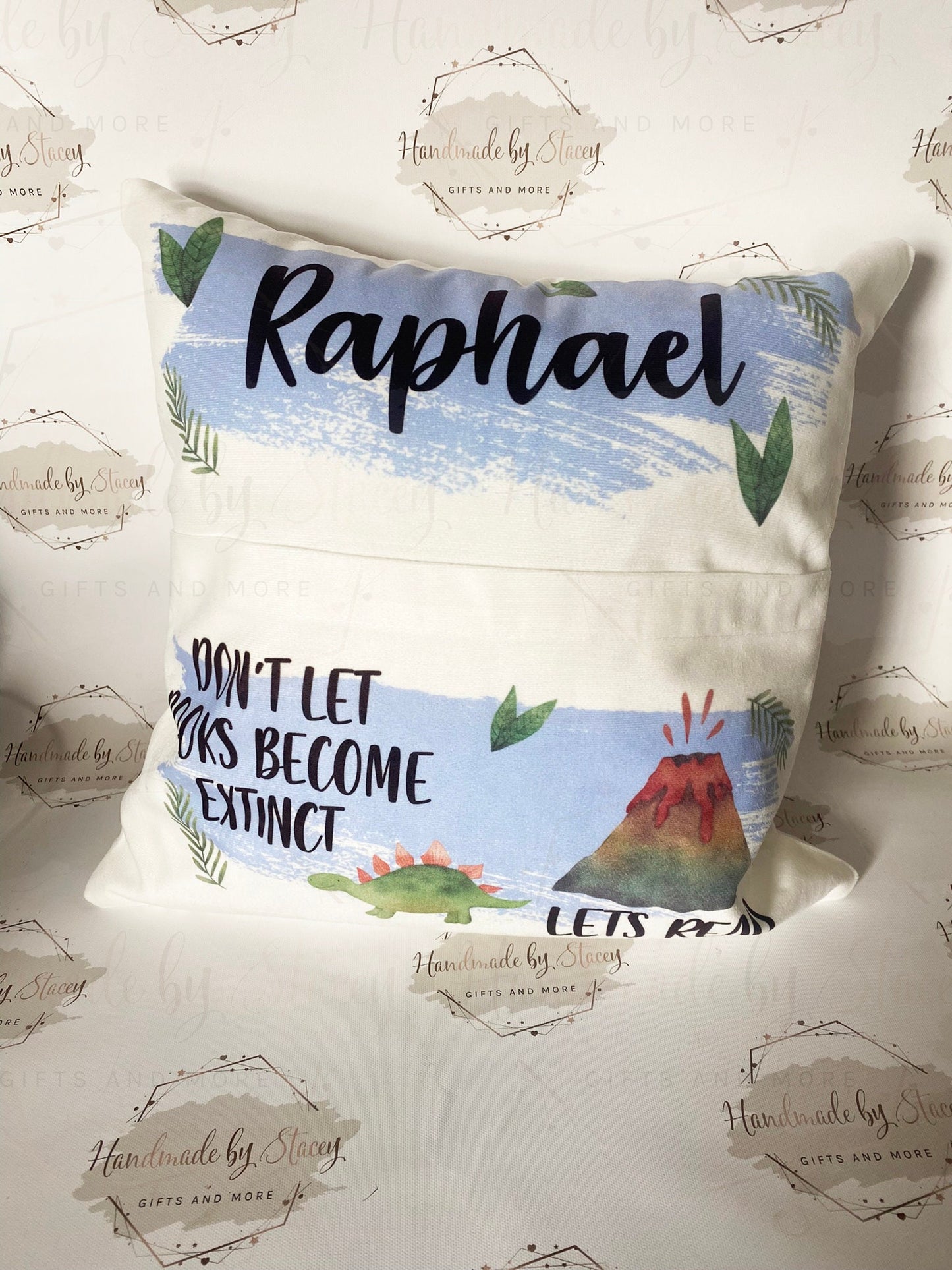 Dinosaur Personalised Book Cushion/Pocket Cushion/Gift Idea for Children/Birthday Gift for Son/Daughter/Reading Keepsake Bedroom Decor