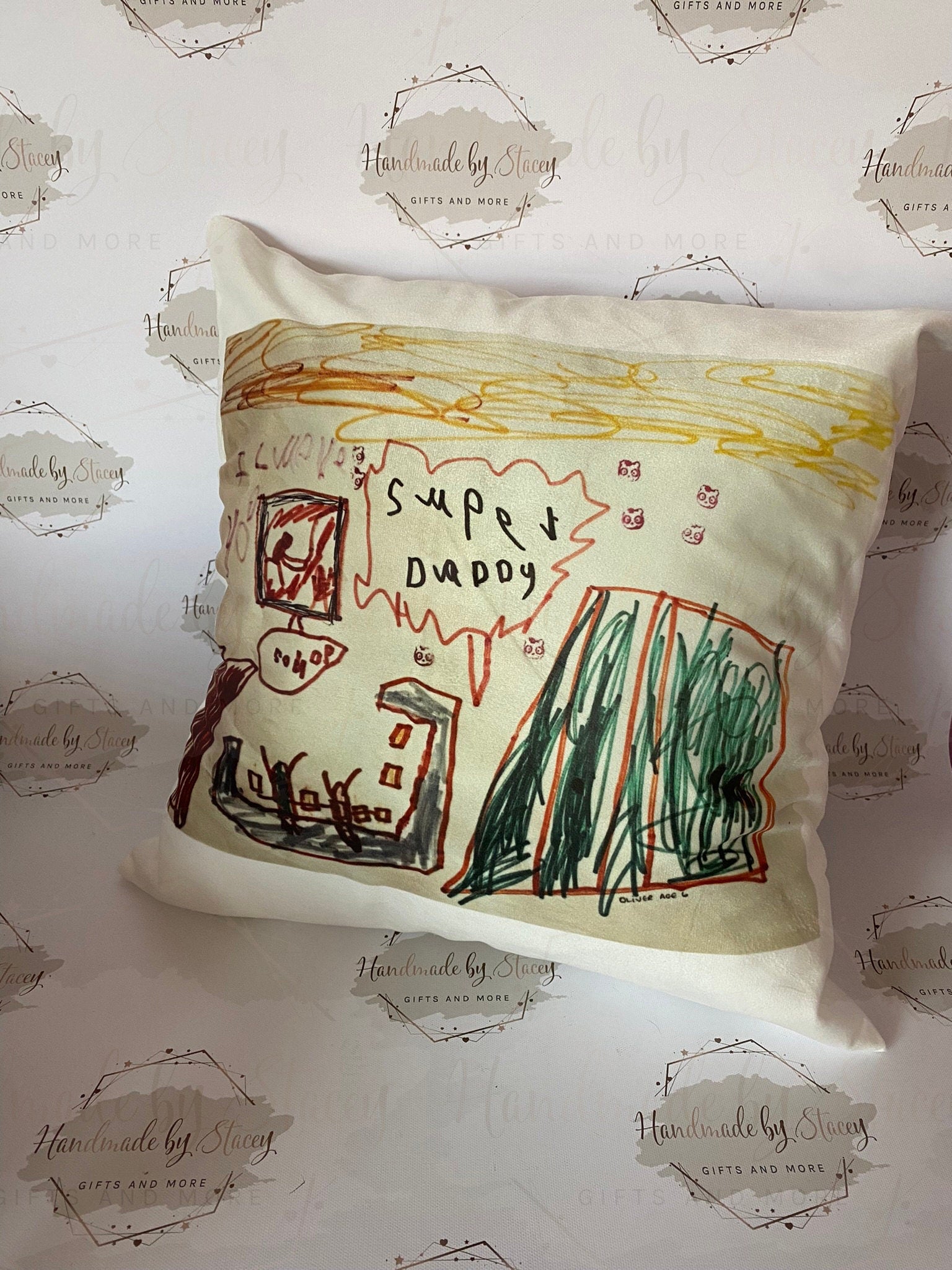 Personalised Child's Cushion|Create your Own Pillow|Handmade Child Adult Drawing Artwork|Custom Editable Text|Fathers Mothers Day Christmas