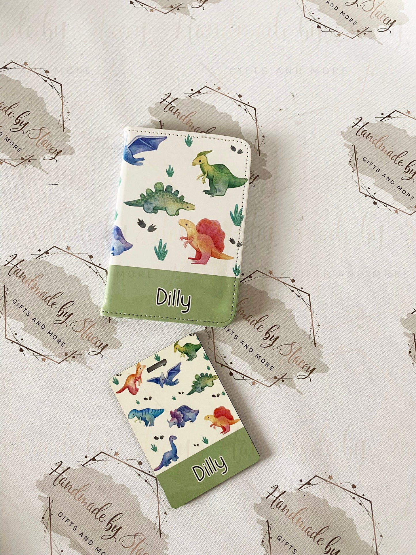 Personalised Childrens Passport Holder|Dinosaur Design PU Leather|Custom Text|MDF Luggage Tag|School Name Tag|Gift for Child|Travelling