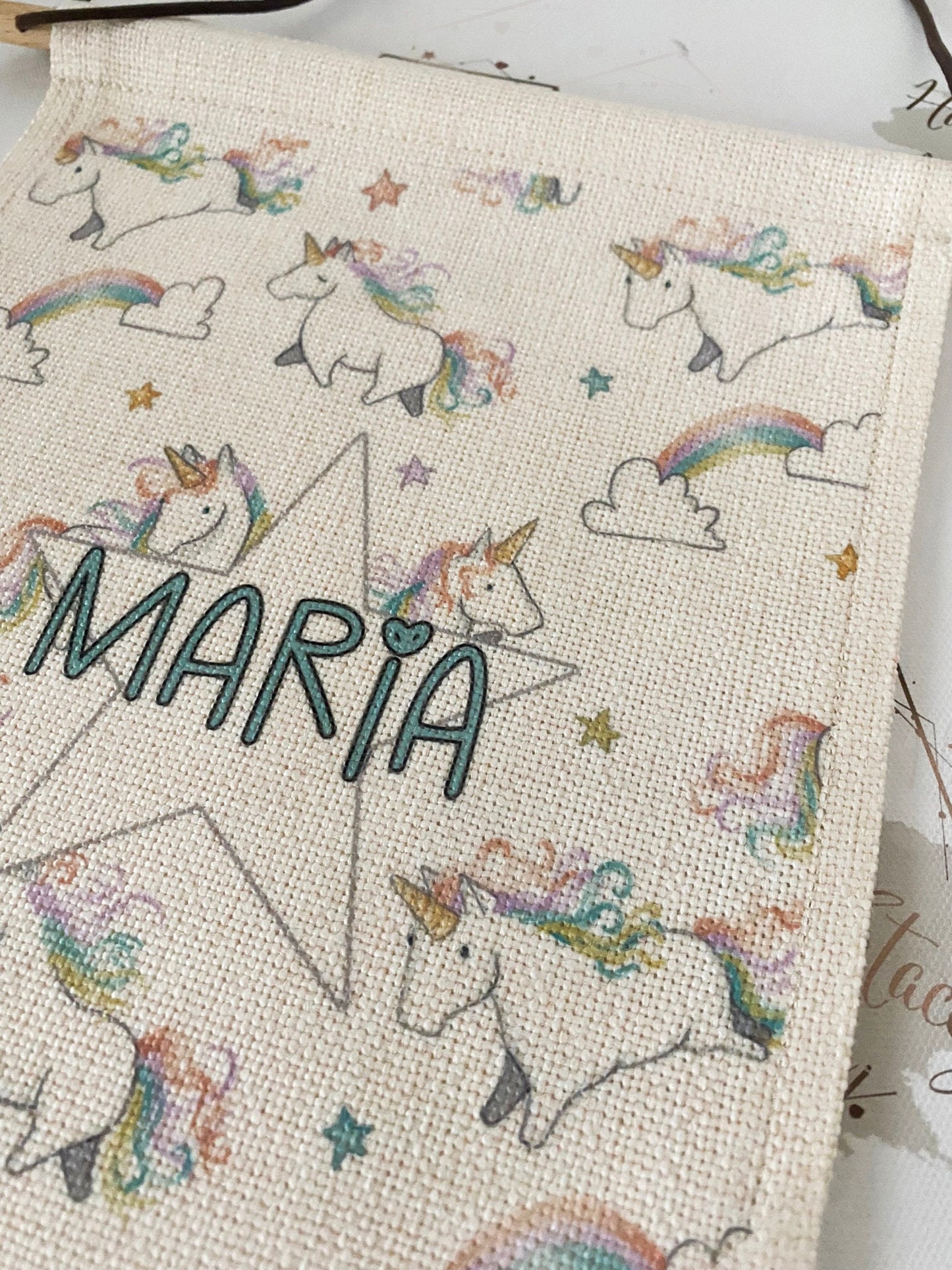 Personalised Linen Flag|Rainbow Unicorn Design|Editable Text|Nursery Bedroom Decor for Daughter|Niece|Grandchild|New Baby Gift|Christening