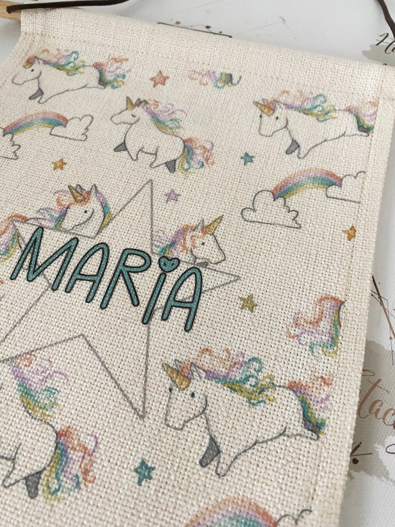 Personalised Linen Flag|Rainbow Unicorn Design|Editable Text|Nursery Bedroom Decor for Daughter|Niece|Grandchild|New Baby Gift|Christening