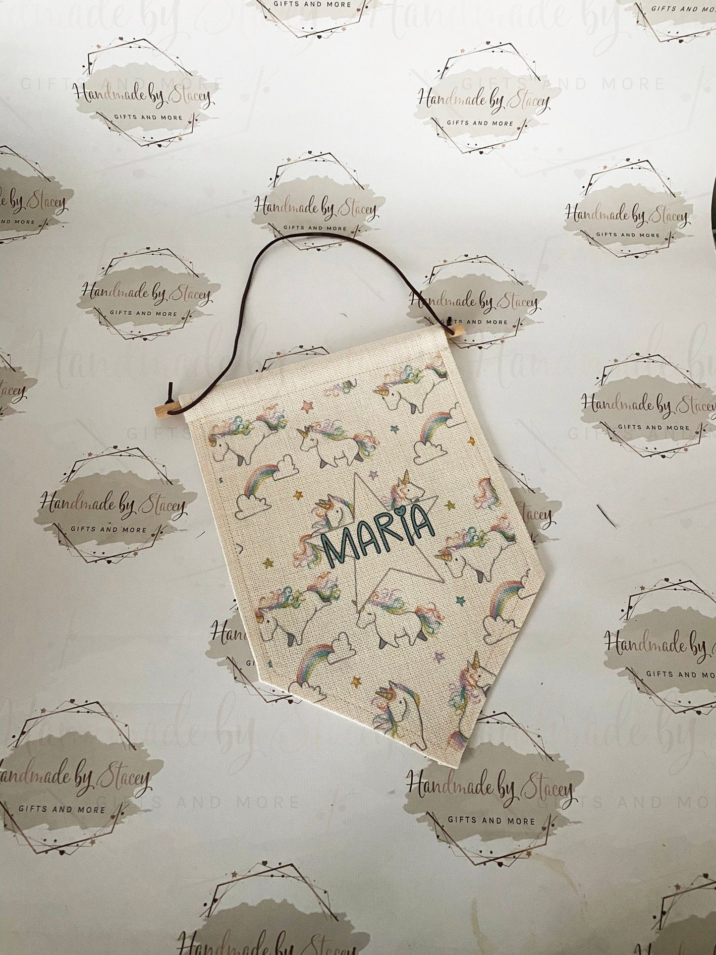 Personalised Linen Flag|Rainbow Unicorn Design|Editable Text|Nursery Bedroom Decor for Daughter|Niece|Grandchild|New Baby Gift|Christening